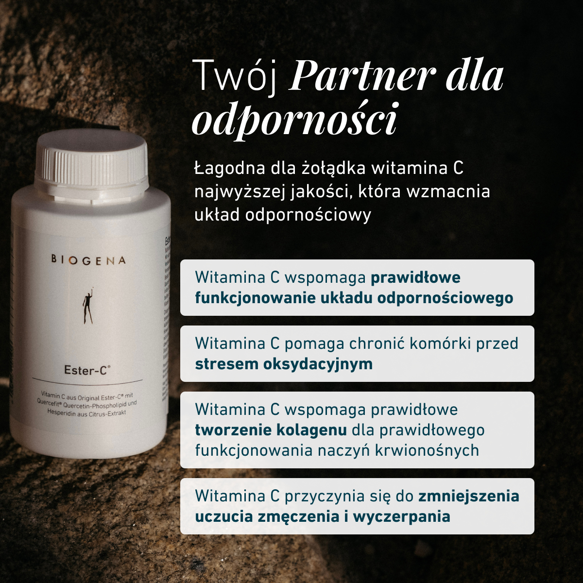 Biogena, Ester-C®, Butelka, biały, Witamina C z oryginalnego Ester-C® z Quercefit® fosfolipidem kwercetyny oraz hesperydyną z ekstraktu cytrusowego