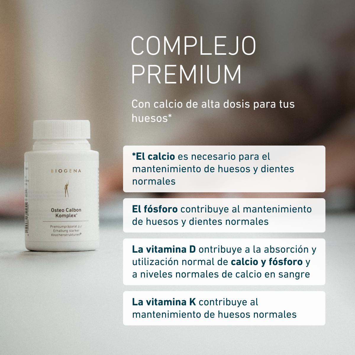 Biogena, Osteo Calbon Komplex®, Botella, blanco, Preparado premium para el mantenimiento de estructuras óseas fuertes®