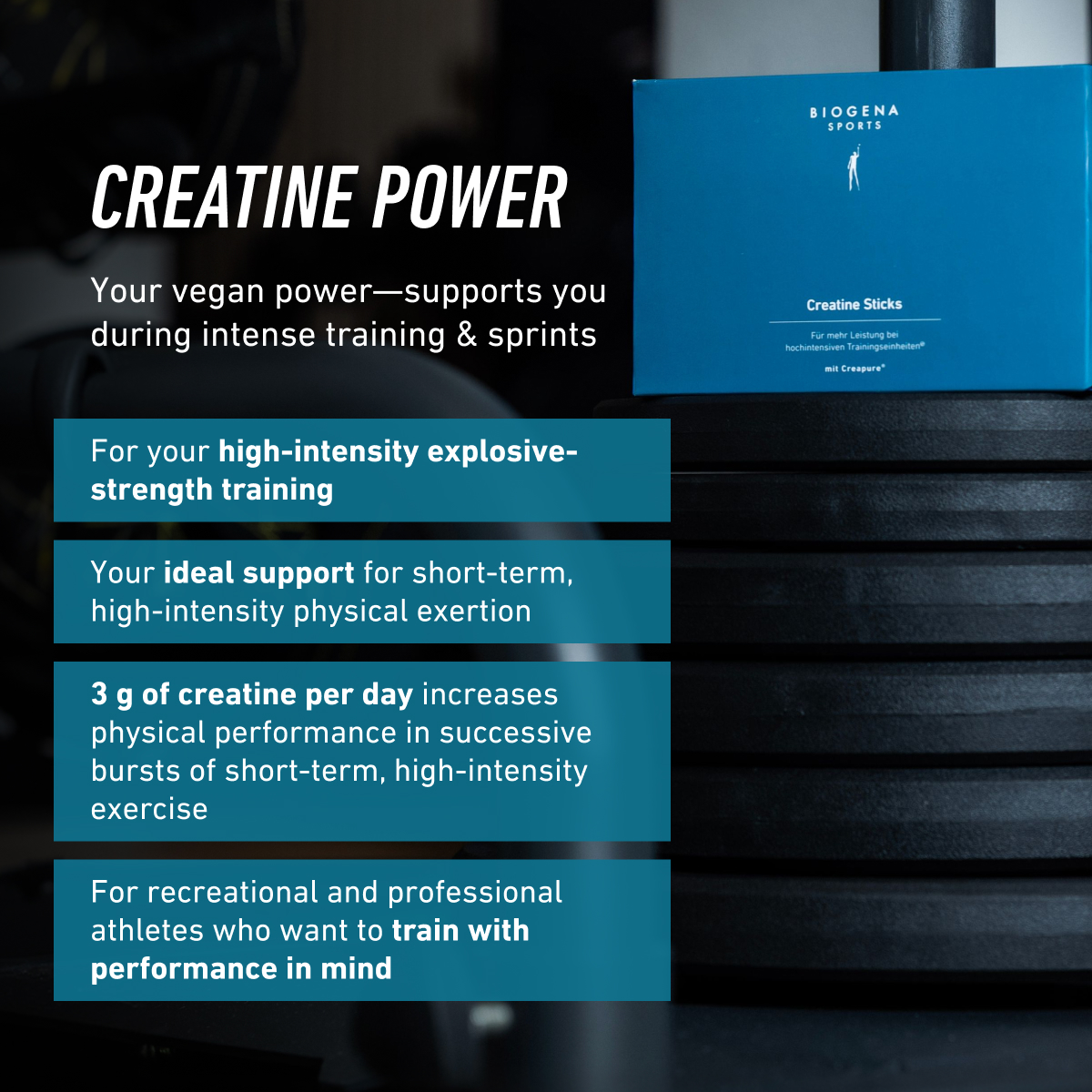 Biogena Sports, Creatine Sticks, Carton, petrol, For more performance during high-intensity training sessions; with Creapure®