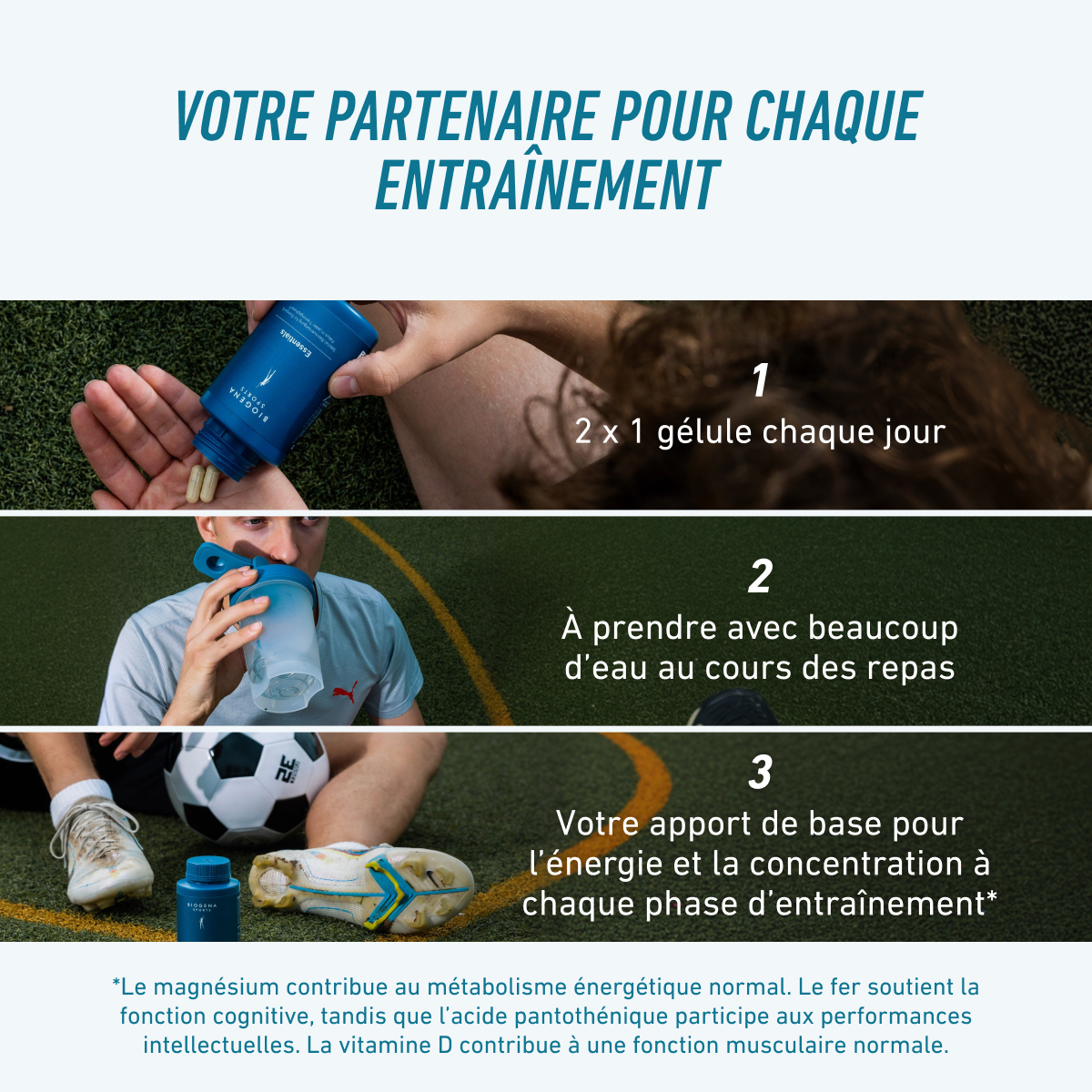 Biogena Sports, Essentials, Bouteille, pétrole, Apport de base spécial pour l’énergie & la concentration à chaque phase d’entraînement®