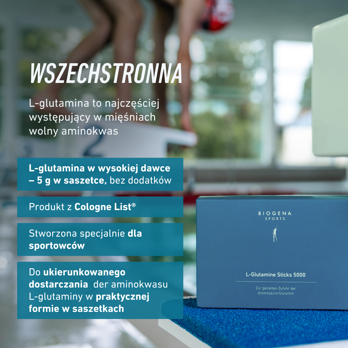 Biogena Sports, L-Glutamine Sticks 5000, Saszetka, petrol, Do ukierunkowanego spożycia aminokwasu glutaminy