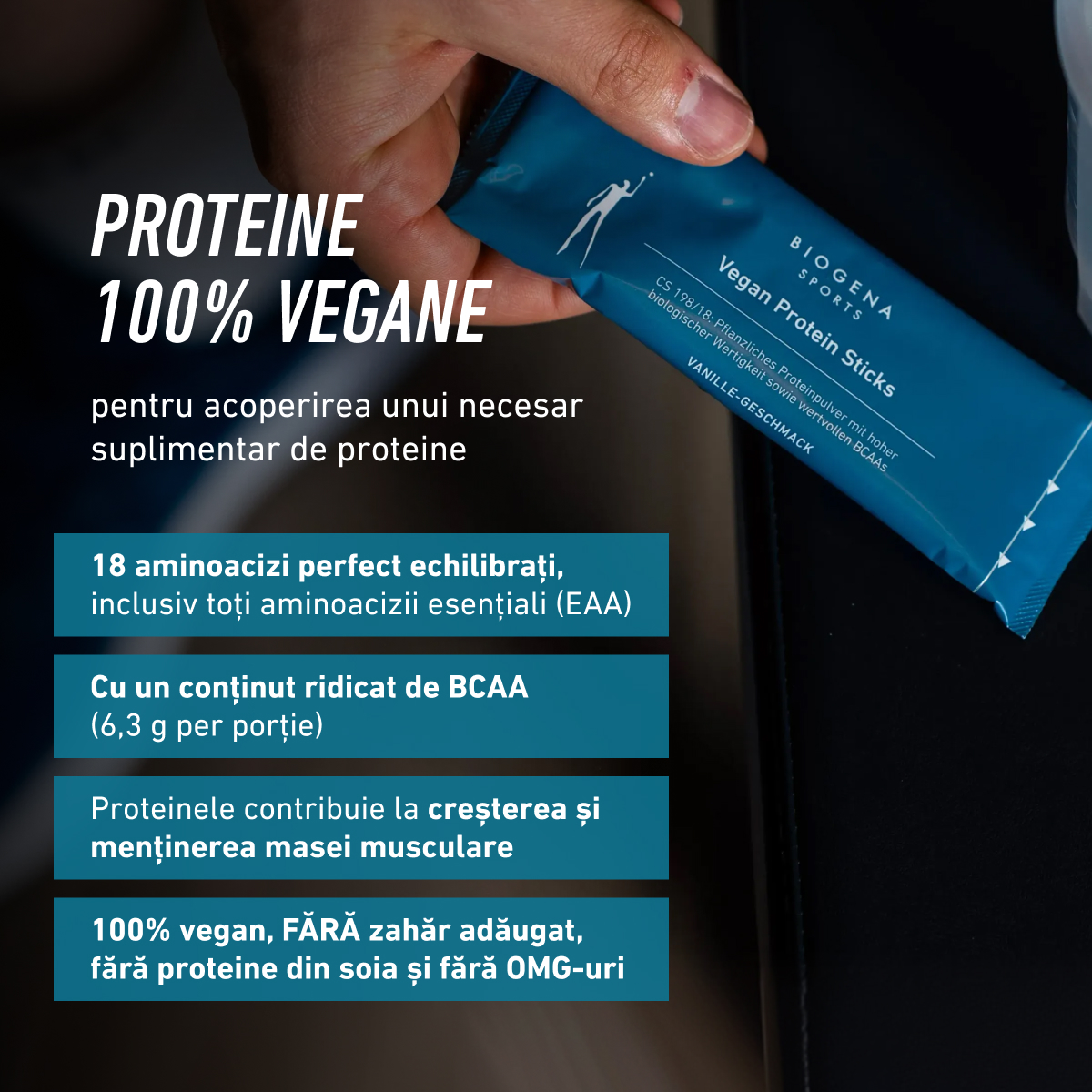 Biogena Sports, Vegan Protein Sticks, Cutie, petrol, CS 198/18: Pudră proteică vegetală cu valoare biologică ridată precum și BCAA valoroși