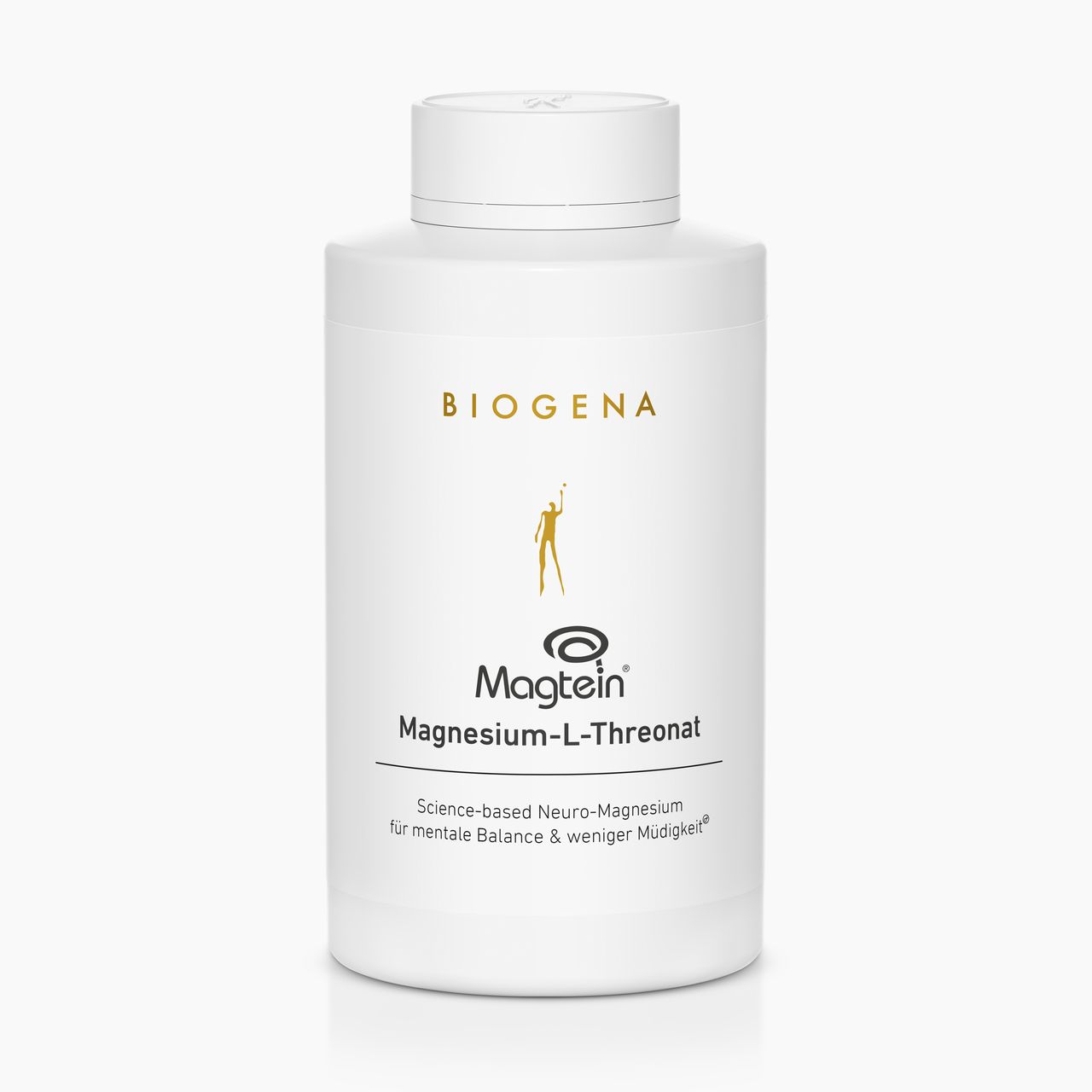 Magtein® Magnésium L-Thréonate de BIOGENA dans un flacon blanc. Neuro-magnésium fondé sur la science pour soutenir l’équilibre mental et contribuer à réduire la fatigue.