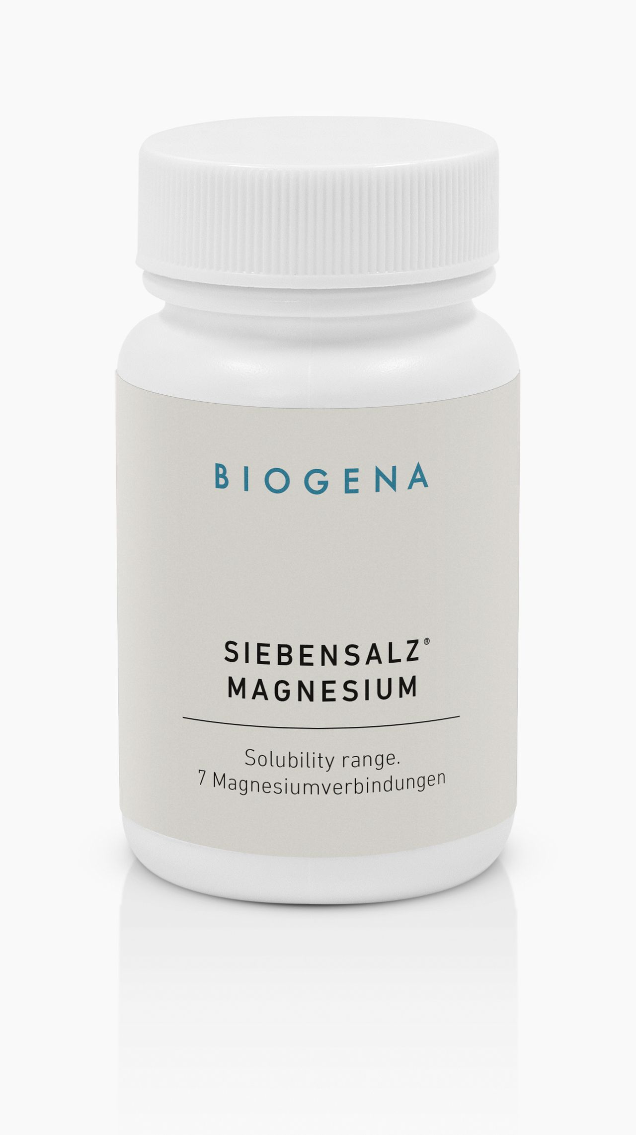 Biogena, SIEBENSALZ® MAGNESIUM, Butelka, biały, Zakres rozpuszczalności. 7 związków magnezu