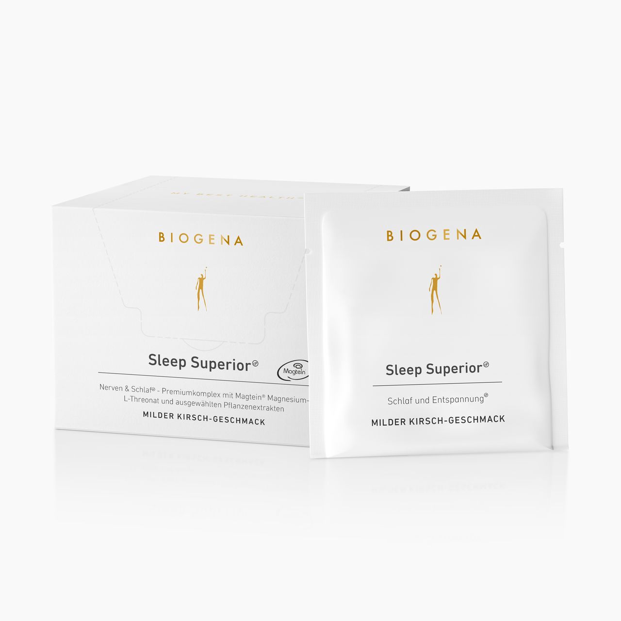 BIOGENA Sleep Superior® premium complex with Magtein® magnesium L-threonate and selected plant extracts for sleep and relaxation. Sachet with a mild cherry flavor.