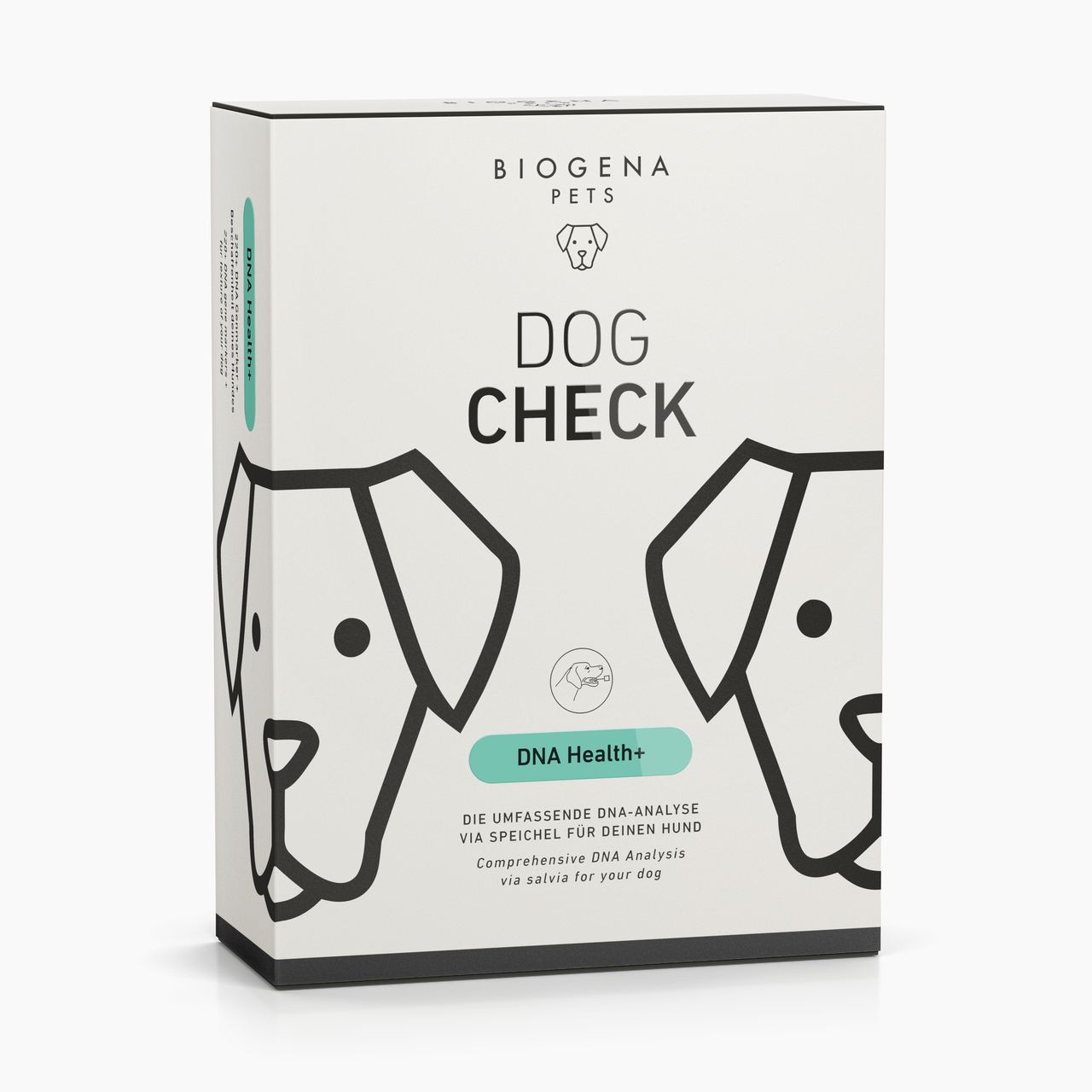 BIOGENA PETS Dog Check Dna Health+ Verpackung mit Hund Icon auf beigem Hintergrund