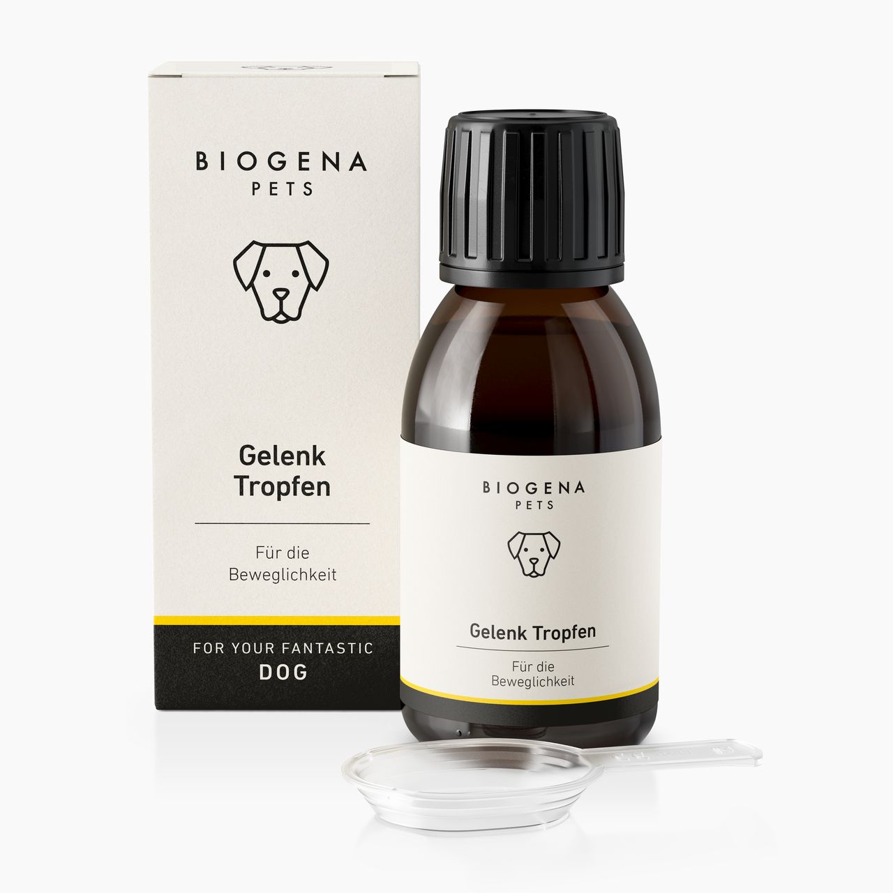 BIOGENA PETS Gelenk Tropfen für die Beweglichkeit von Hunden: braune 100-ml-Flasche mit schwarzem Verschluss, Verpackung und transparentem Dosierlöffel.