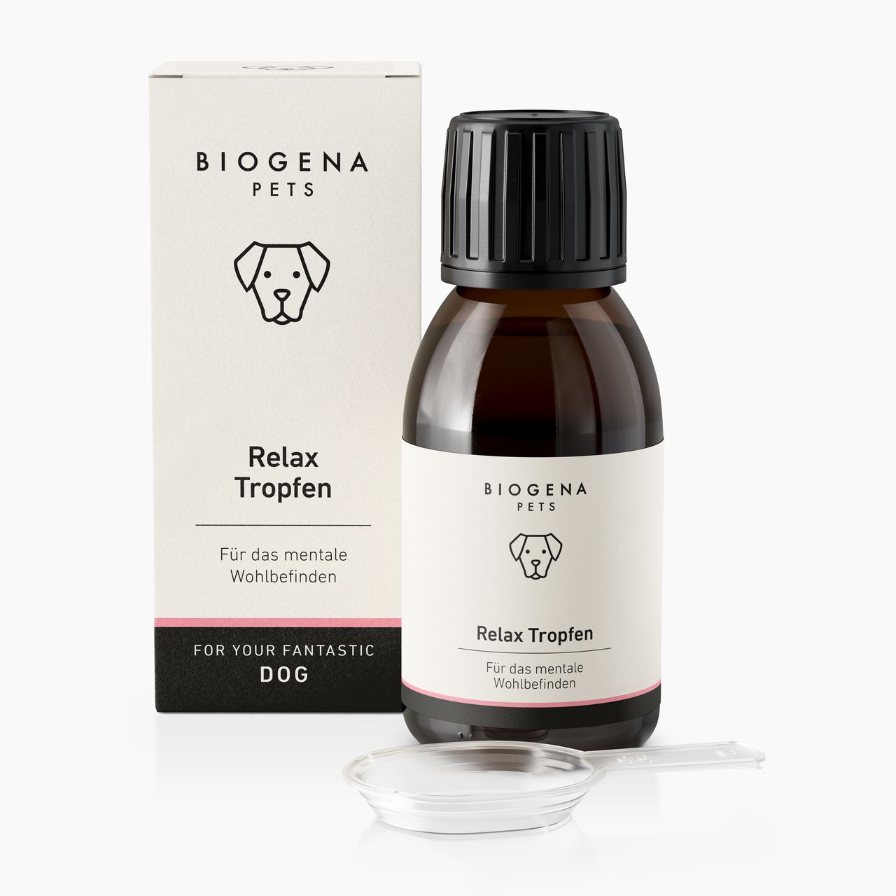 BIOGENA PETS Relax Tropfen für das mentale Wohlbefinden von Hunden: braune 100-ml-Flasche mit schwarzem Verschluss, Verpackung und transparentem Dosierlöffel.