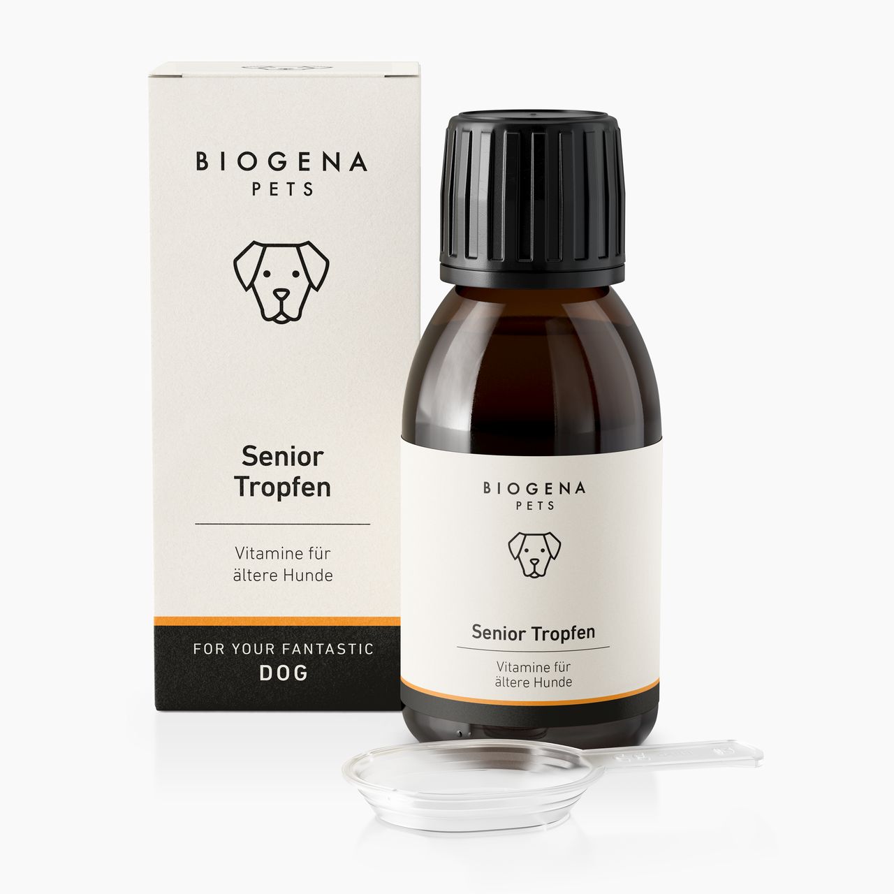 BIOGENA PETS Senior Tropfen avec des vitamines pour les chiens âgés : flacon brun de 100 ml avec bouchon noir, emballage et cuillère doseuse transparente.