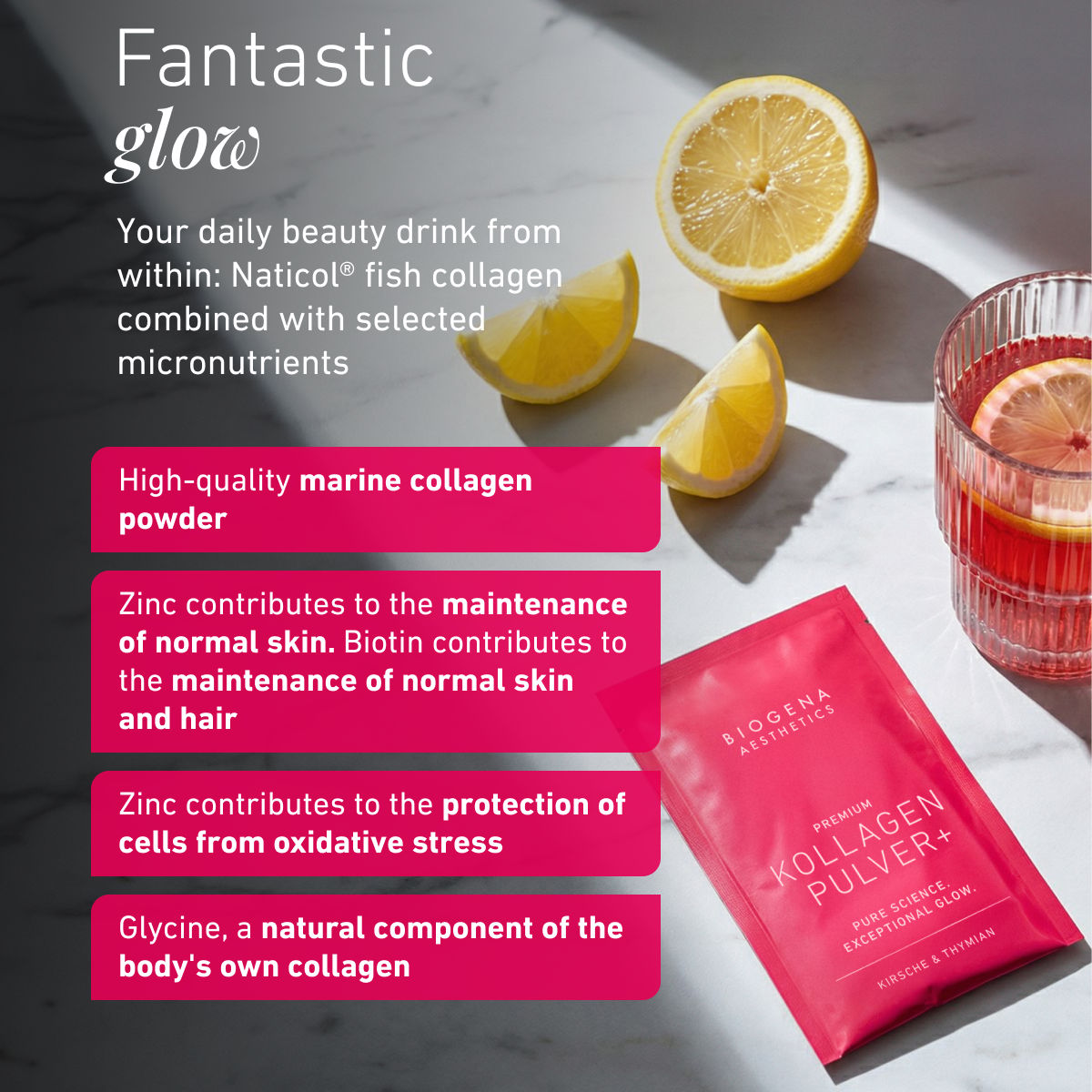 BIOGENA Aesthetics Premium Collagen Powder+ sachet with lemons and a pink drink. The image highlights marine collagen, glycine, zinc and biotin, with claims supporting normal skin, hair and protection of cells from oxida