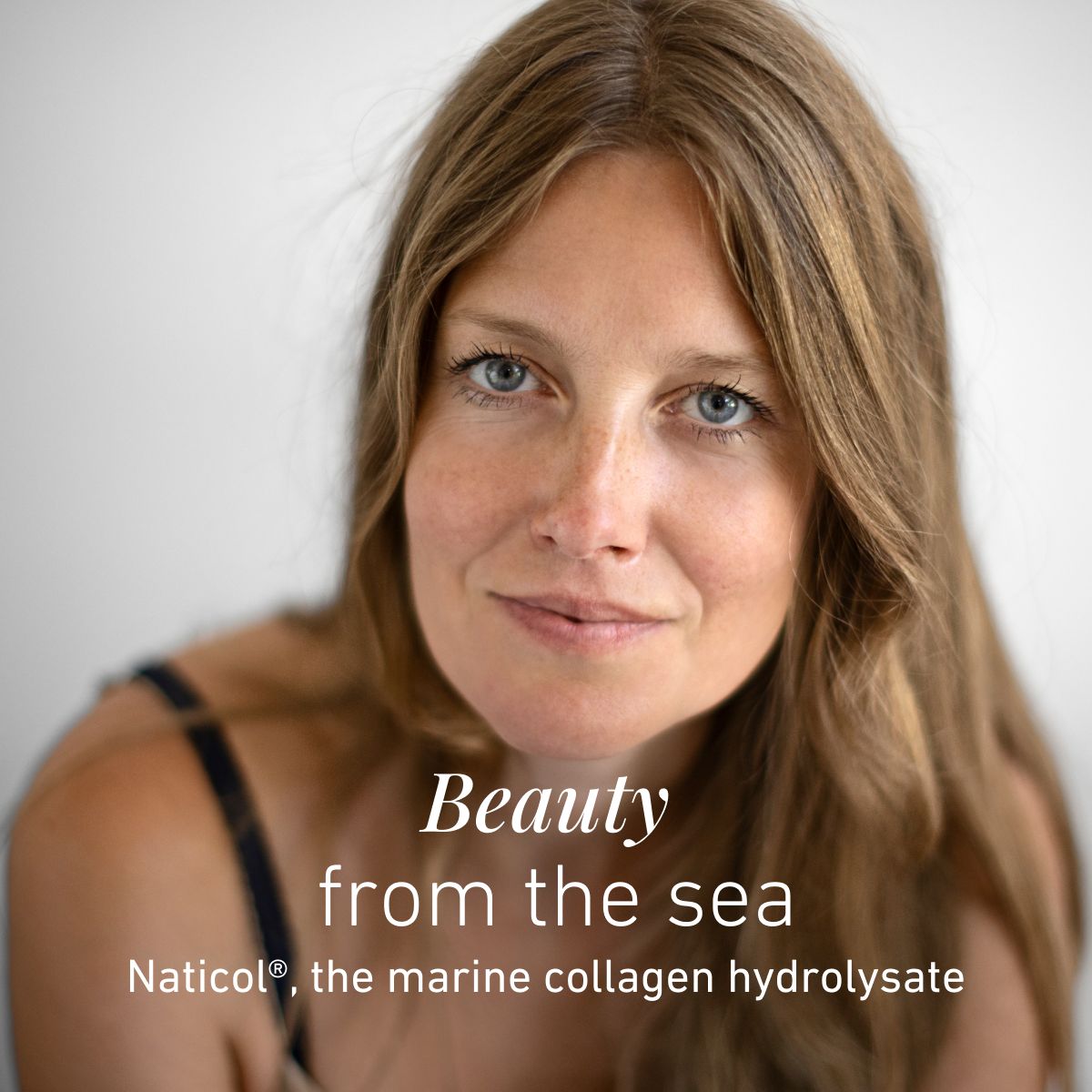 Close-up portrait of a smiling woman with the message “Beauty from the sea.” The image highlights Naticol®, a marine collagen hydrolysate, as the key ingredient in a daily beauty routine from within.