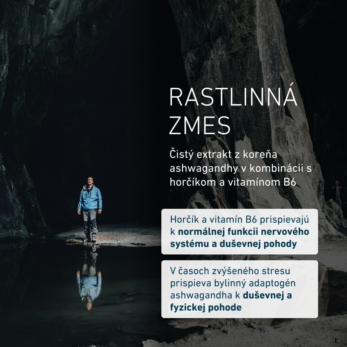 Osoba v tmavej jaskyni. BIOGENA Ashwagandha Formula kombinuje čistý extrakt z koreňa ašvagandy s horčíkom a vitamínom B6, ktoré prispievajú k normálnemu fungovaniu nervového systému a psychiky.