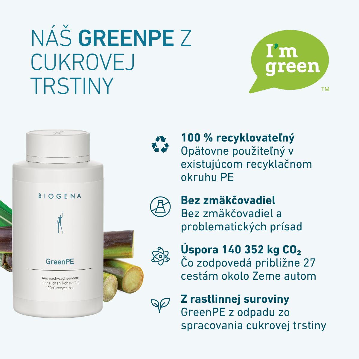 Obal BIOGENA GreenPE z rastlinnej suroviny získanej z odpadu zo spracovania cukrovej trstiny. Je 100 % recyklovateľný, bez zmäkčovadiel a prispieva k úspore CO₂.