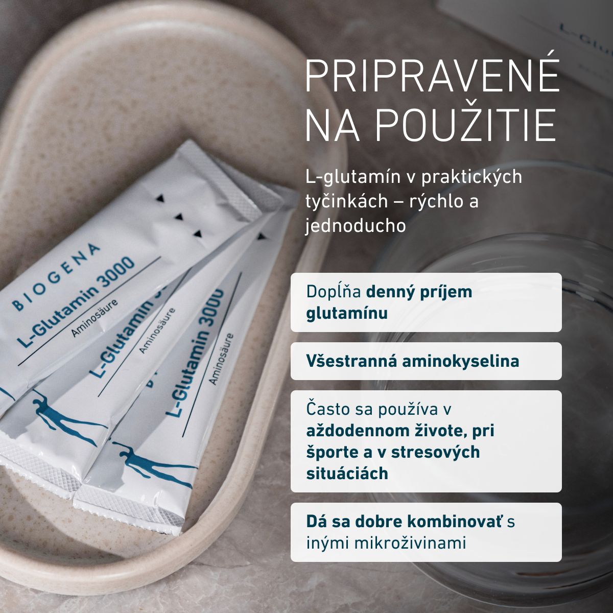 BIOGENA L-Glutamin 3000 v praktických vrecúškach na doplnenie denného príjmu glutamínu. Všestranná aminokyselina vhodná na každý deň, pri športe aj v období stresu.