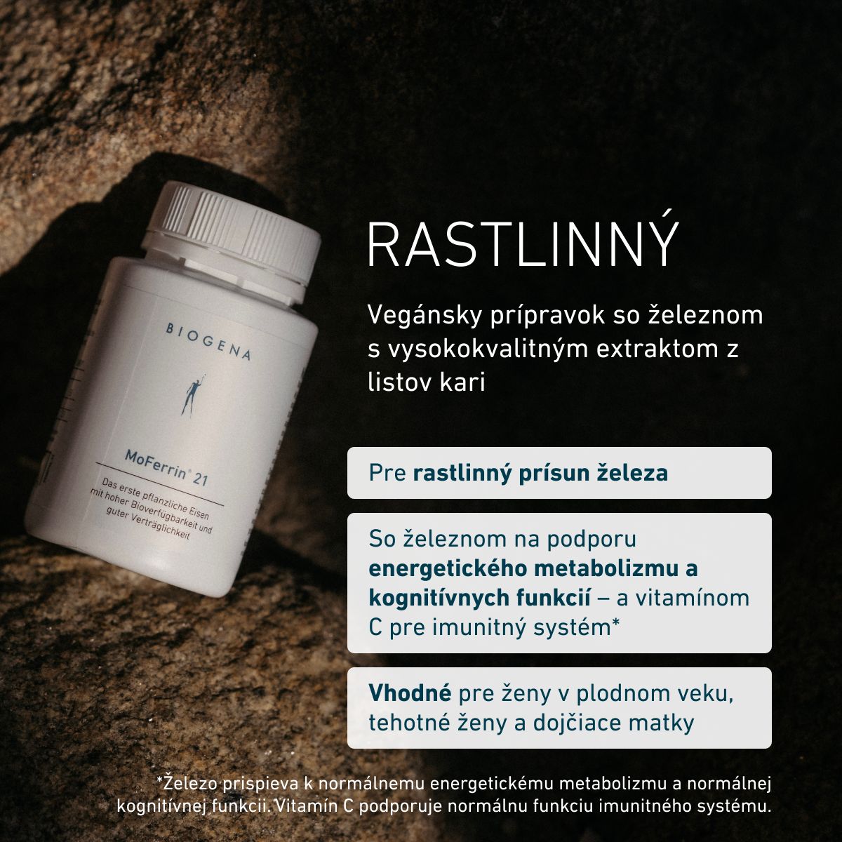 Fľaša BIOGENA MoFerrin 21 položená na skalnatom povrchu. Vegánsky výživový doplnok s rastlinným železom, extraktom z kari listov a vitamínom C na podporu imunitného systému.