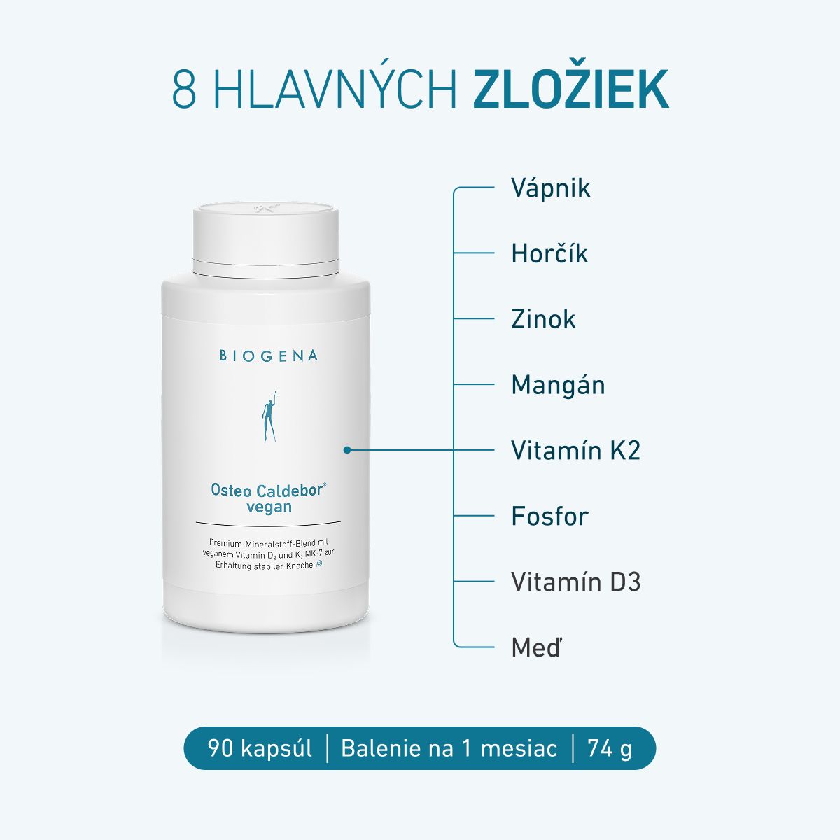 BIOGENA Osteo Caldebor® vegan s 8 zložkami: vápnik, horčík, zinok, mangán, vitamín K2, fosfor, vitamín D3 a meď. 90 kapsúl, balenie na 1 mesiac, 74 g.
