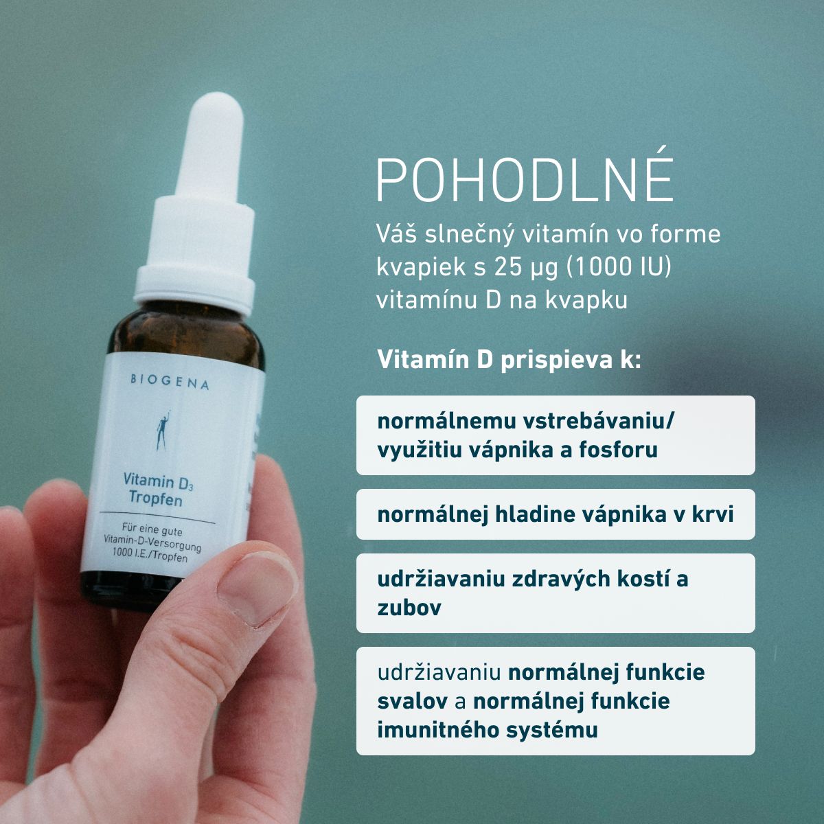 BIOGENA Vitamin D3 Tropfen v ruke – vitamín D prispieva k zdraviu kostí a zubov, funkcii svalov a imunitného systému.