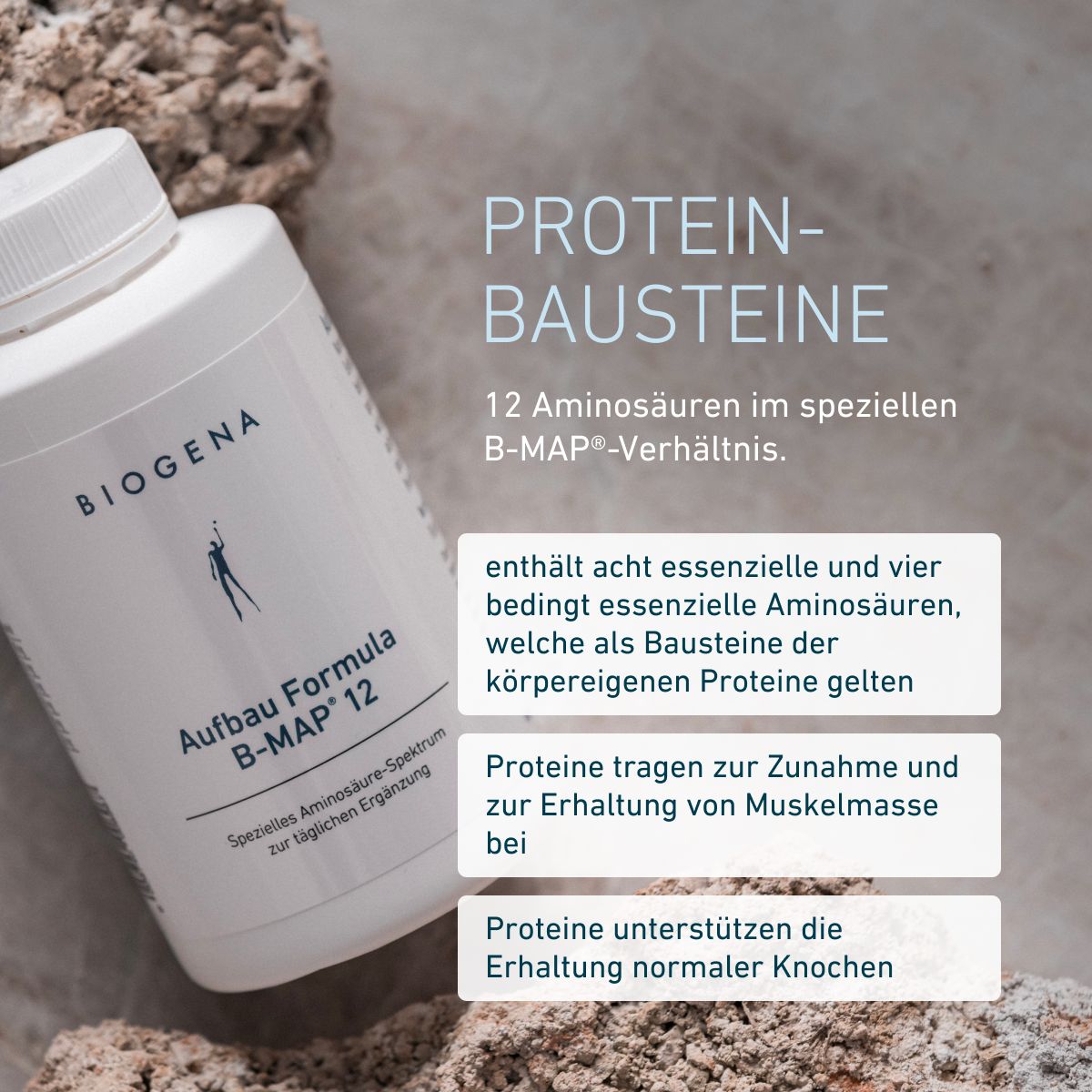 BIOGENA Aufbau Formula B-MAP® 12 mit 12 Aminosäuren im speziellen Verhältnis. Enthält acht essenzielle und vier bedingt essenzielle Aminosäuren. Proteine unterstützen Muskelmasse und normale Knochen.