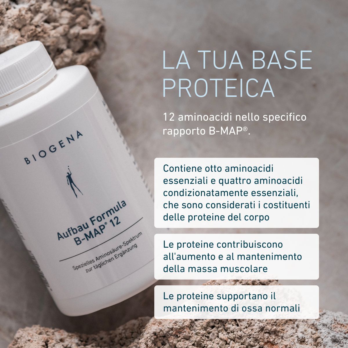 Flacone BIOGENA Aufbau Formula B-MAP® 12 su una superficie in pietra. Contiene 12 aminoacidi nel rapporto B-MAP®: otto essenziali e quattro condizionatamente essenziali. Le proteine contribuiscono alla crescita muscolare
