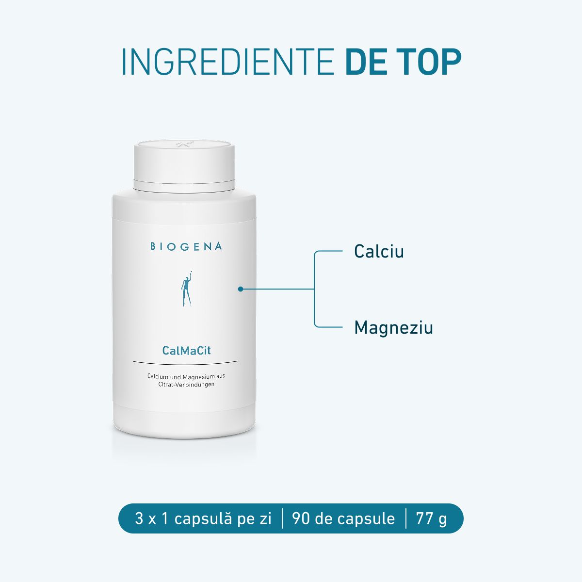 Flacon BIOGENA CalMaCit cu calciu și magneziu sub formă de citrați. Conține 90 de capsule; doza recomandată: 1 capsulă de 3 ori pe zi.