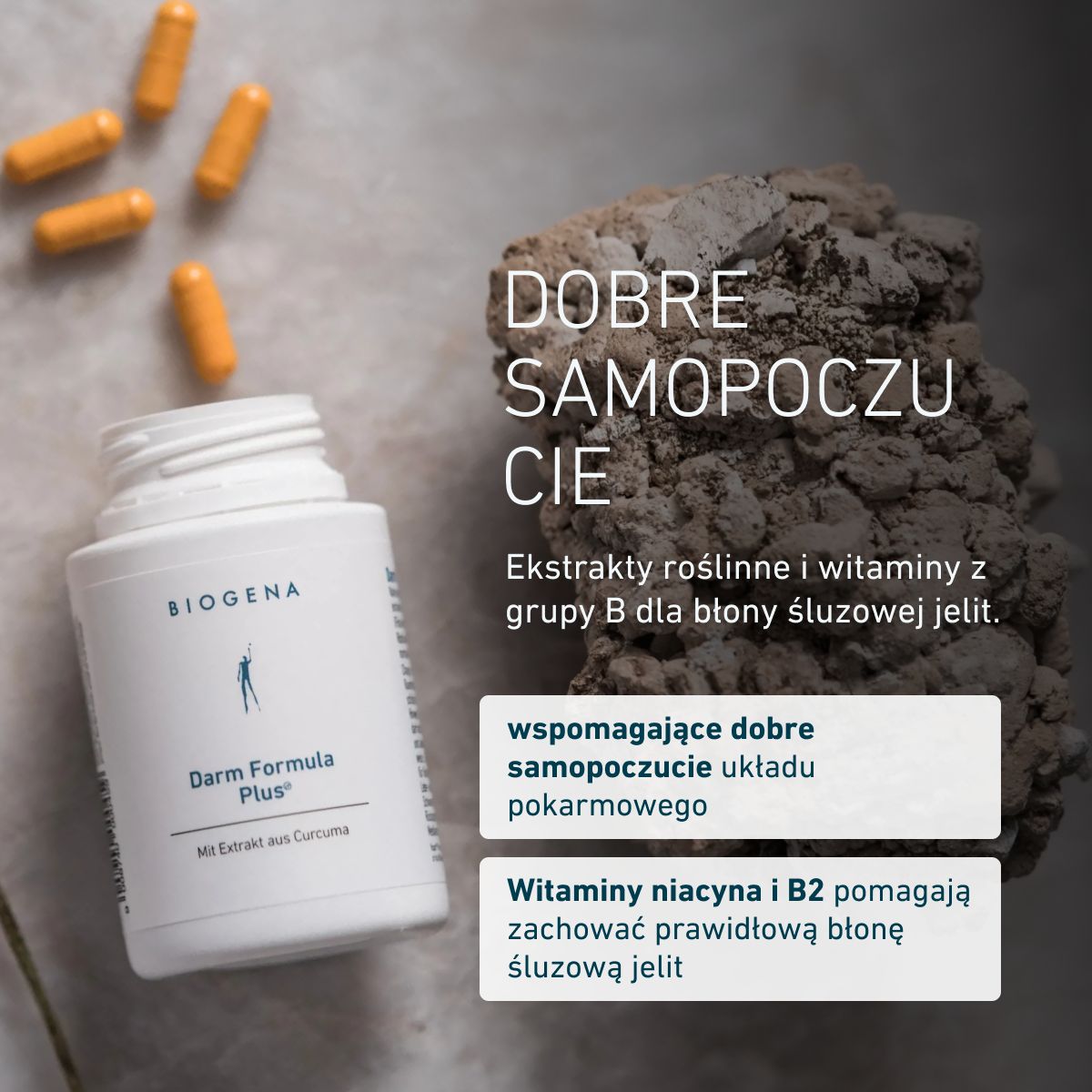 Opakowanie BIOGENA Darm Formula Plus z kapsułkami na kamiennej powierzchni. Ekstrakty roślinne i witaminy z grupy B dla dobrego samopoczucia jelit. Niacyna i witamina B2 pomagają utrzymać prawidłowy stan błon śluzowych.