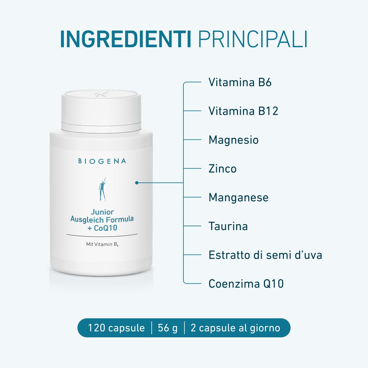 BIOGENA Junior Ausgleich Formula + CoQ10 con vitamine B6 e B12, magnesio, zinco, manganese, taurina, estratto di semi d’uva e coenzima Q10. 120 capsule, 2 capsule al giorno.