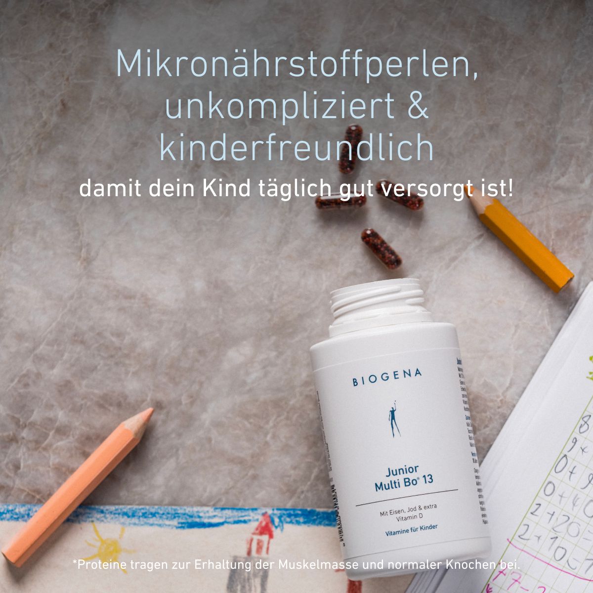 BIOGENA Junior Multi Bo® 13 für Kinder mit allen 13 Vitaminen, Eisen und Jod. Eine unkomplizierte und kinderfreundliche Ergänzung zur täglichen Mikronährstoffversorgung.