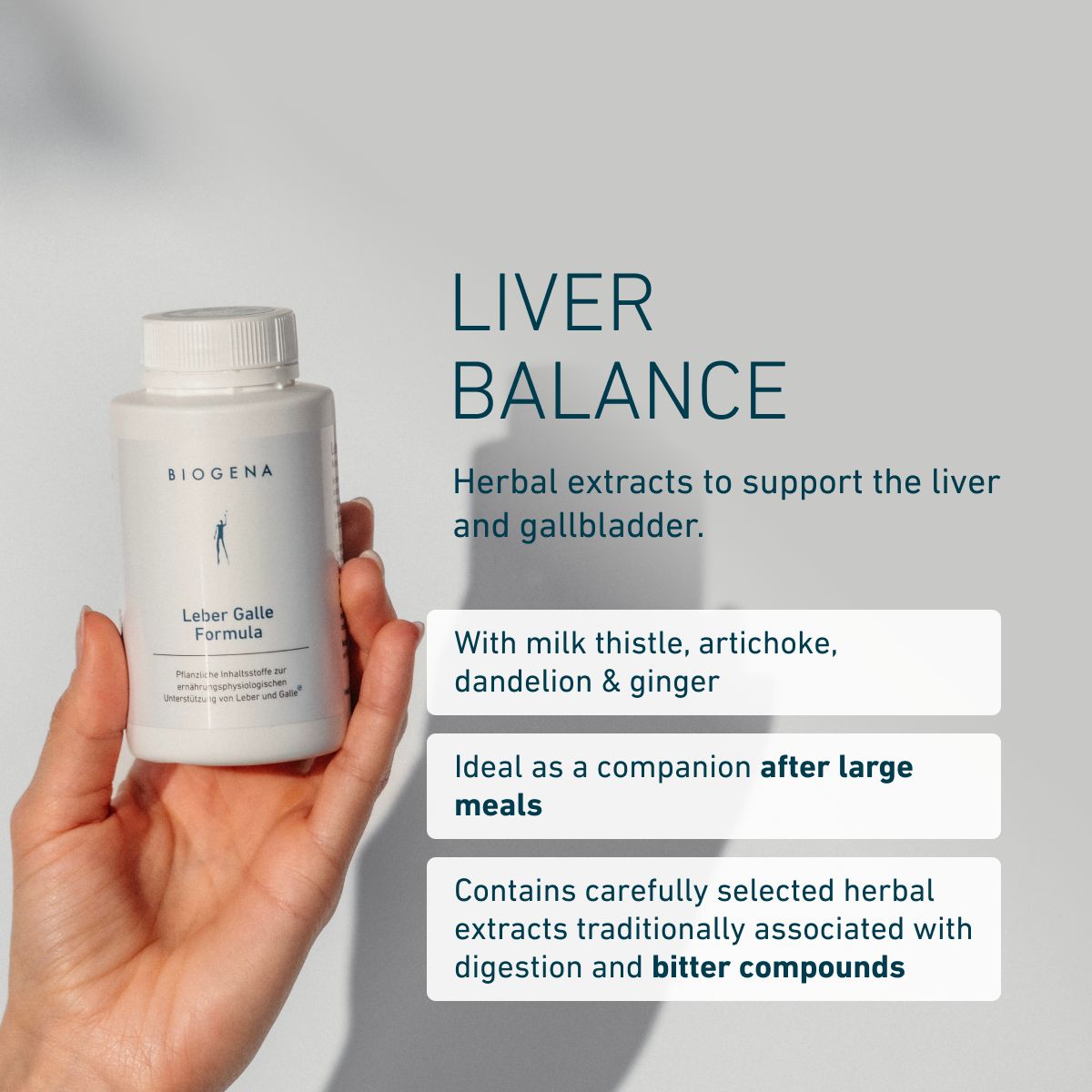 BIOGENA Liver Bile Formula with milk thistle, artichoke, dandelion and ginger. Herbal extracts to support the liver and gallbladder, ideal as a companion after large meals.