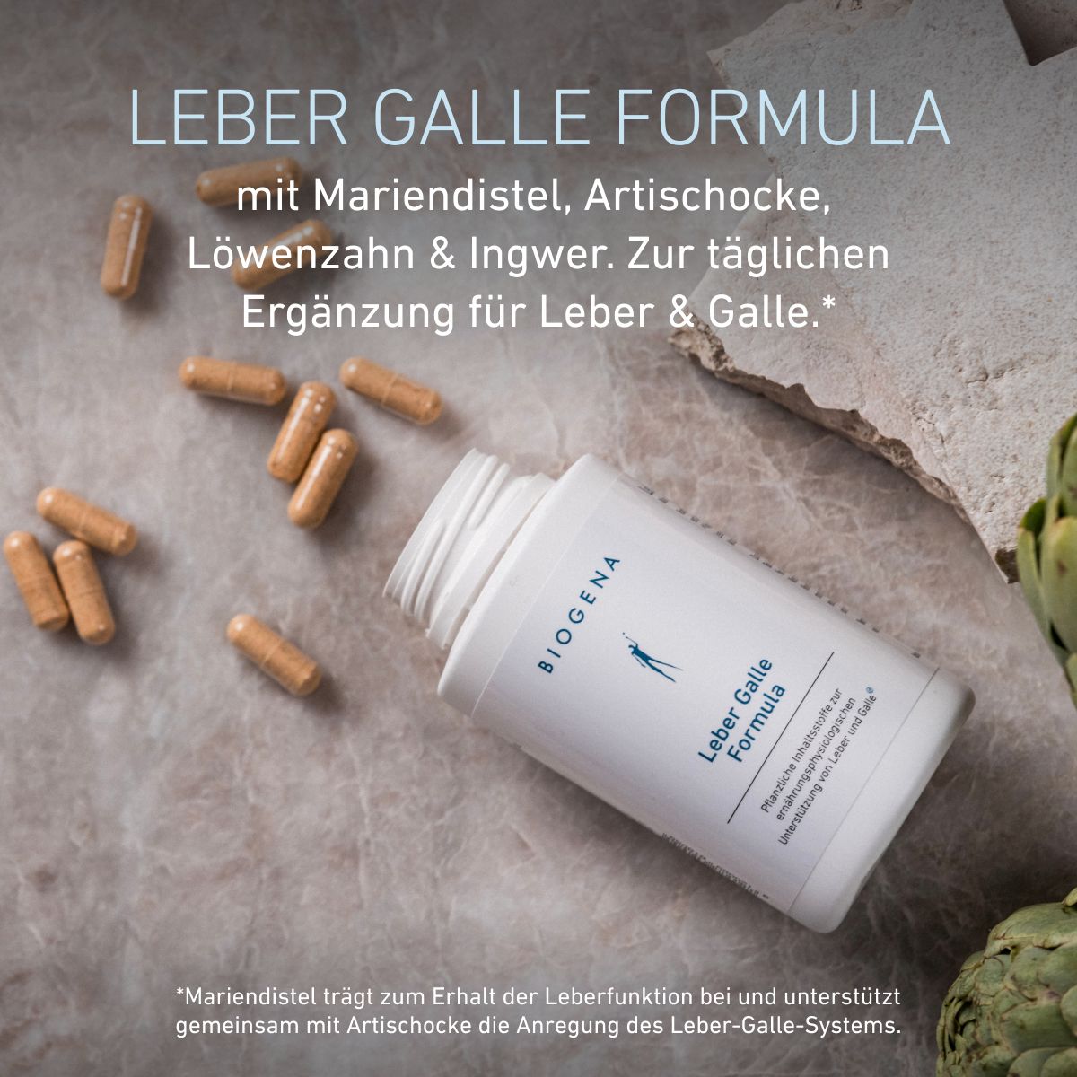 BIOGENA Leber Galle Formula con capsule e carciofo. Con cardo mariano, carciofo, tarassaco e zenzero per l’integrazione quotidiana a supporto di fegato e cistifellea.