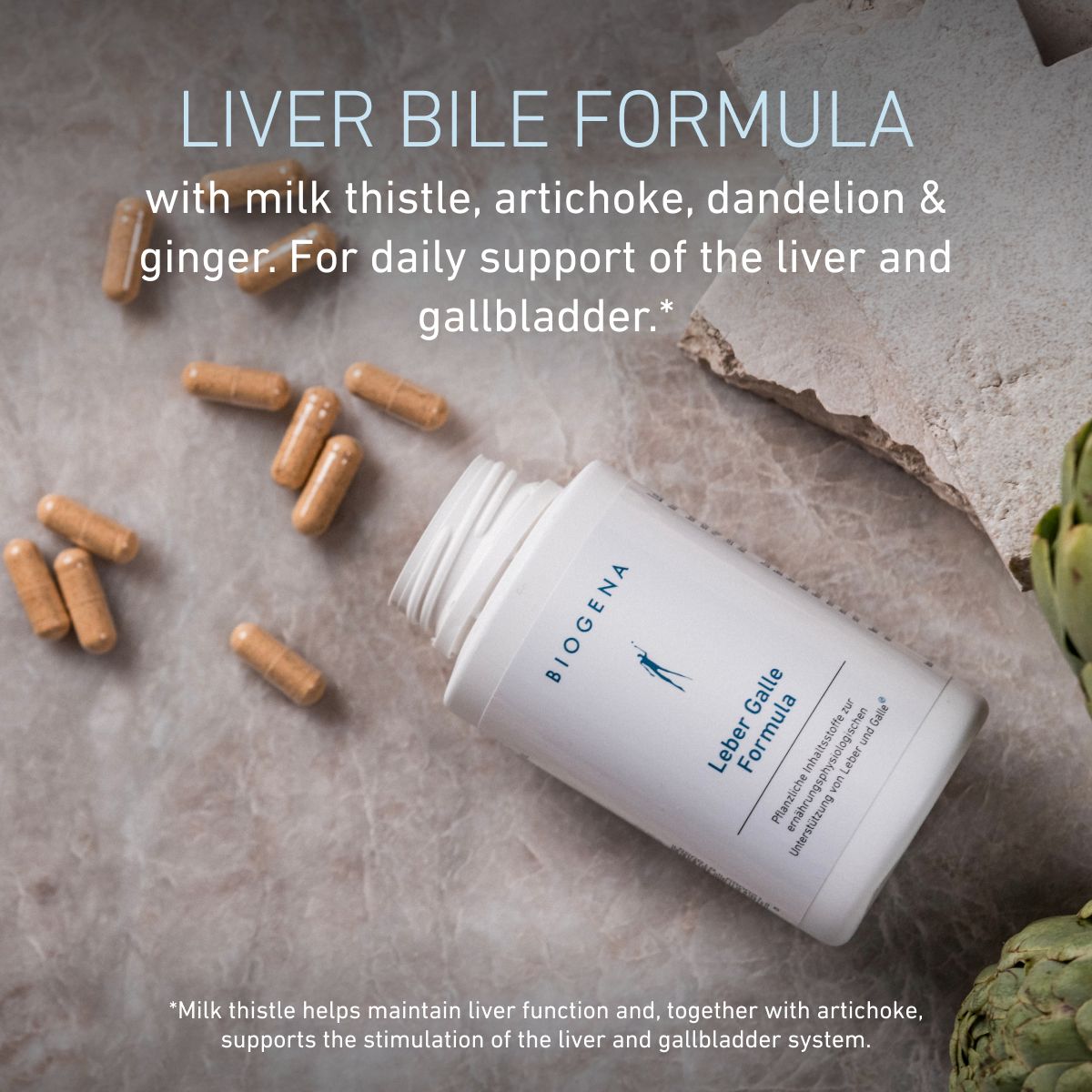 BIOGENA Liver Bile Formula with milk thistle, artichoke, dandelion and ginger for daily support of the liver and gallbladder.