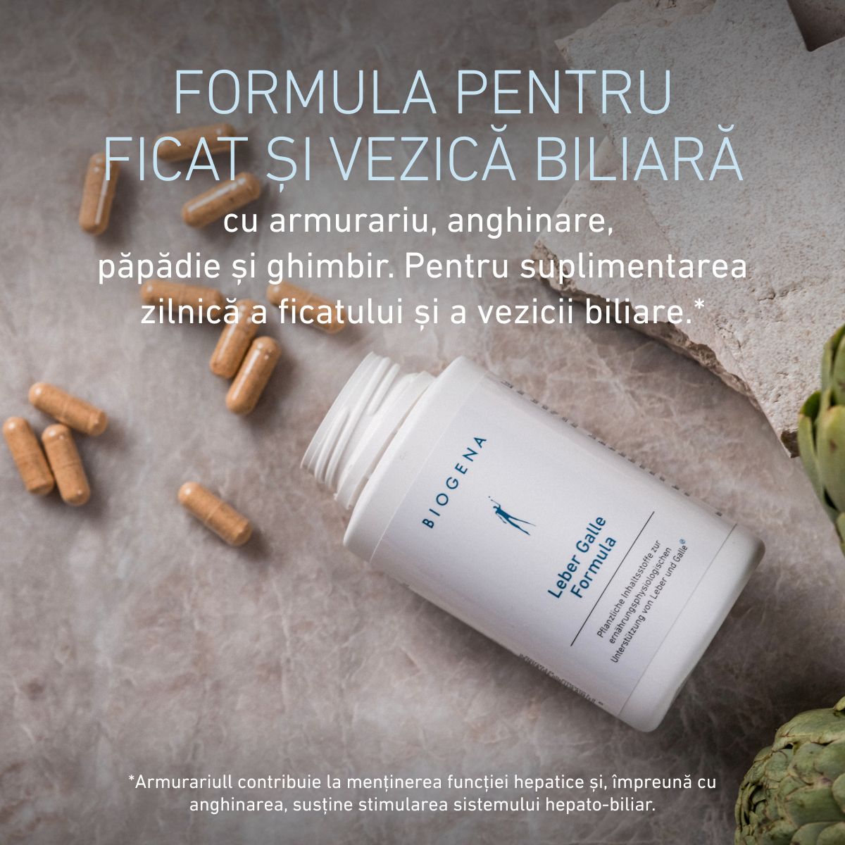Flacon deschis BIOGENA Formula pentru ficat și bilă, cu capsule pe o suprafață de piatră. Conține armurariu, anghinare, păpădie și ghimbir. Armurariul contribuie la menținerea funcției hepatice.