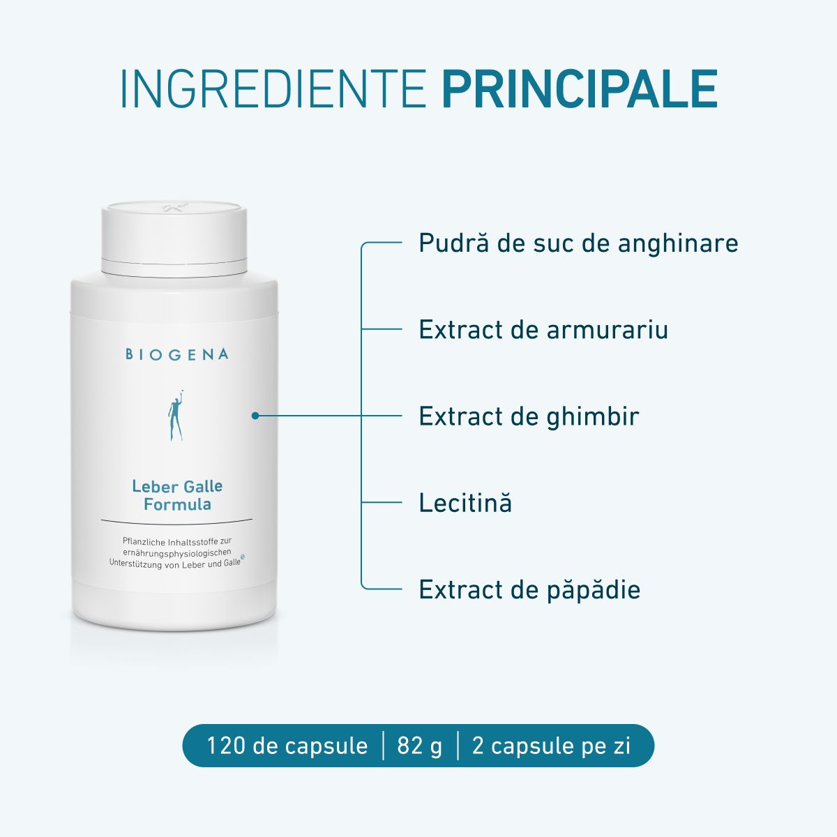 BIOGENA Formula pentru ficat și bilă cu pudră din suc de anghinare, extract de armurariu, extract de ghimbir, lecitină și extract de păpădie. 120 de capsule, 82 g, doză recomandată: 2 capsule pe zi.