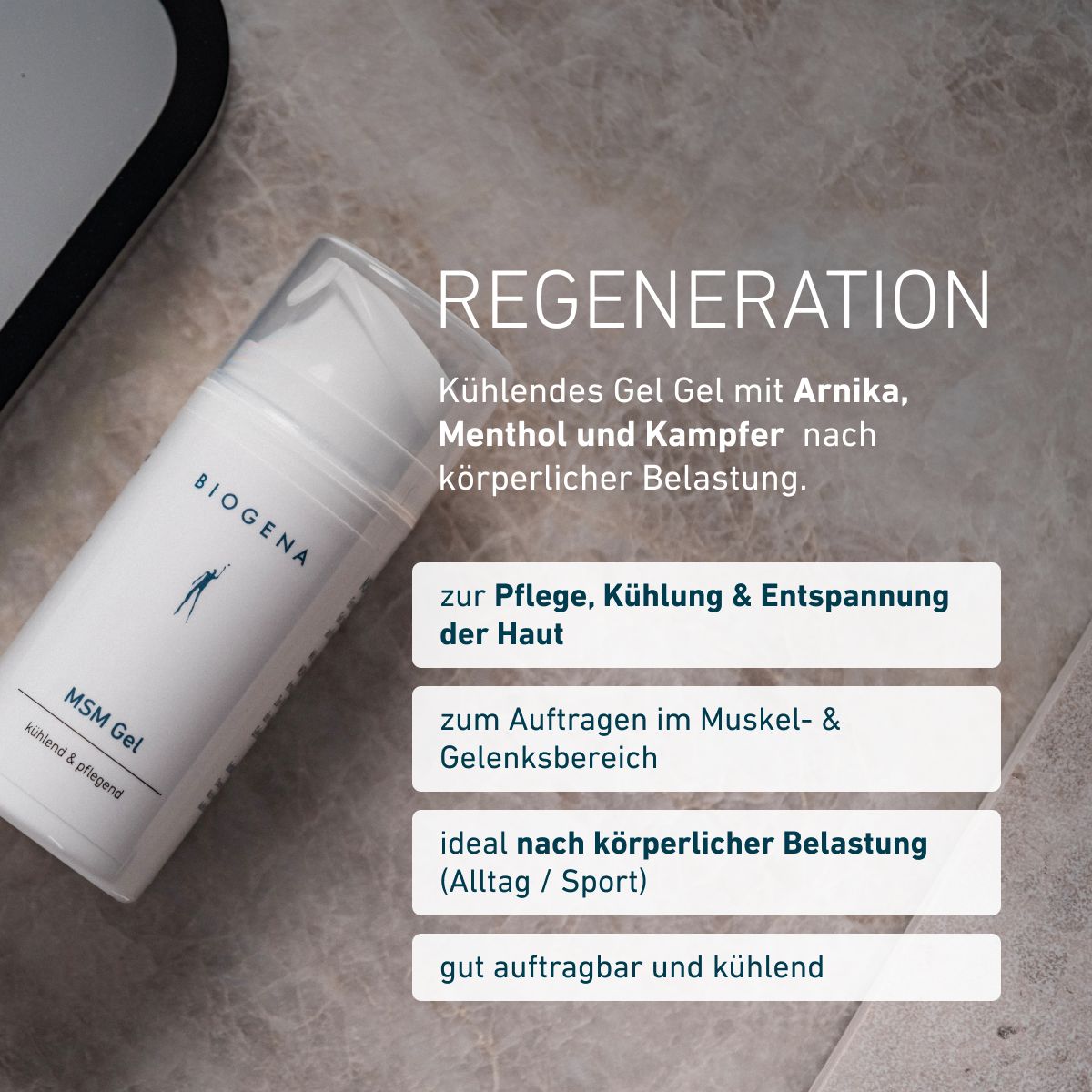 BIOGENA MSM Gel mit Arnika, Menthol und Kampfer zur Pflege, Kühlung und Entspannung der Haut. Zum Auftragen im Muskel- und Gelenkbereich, ideal nach körperlicher Belastung.