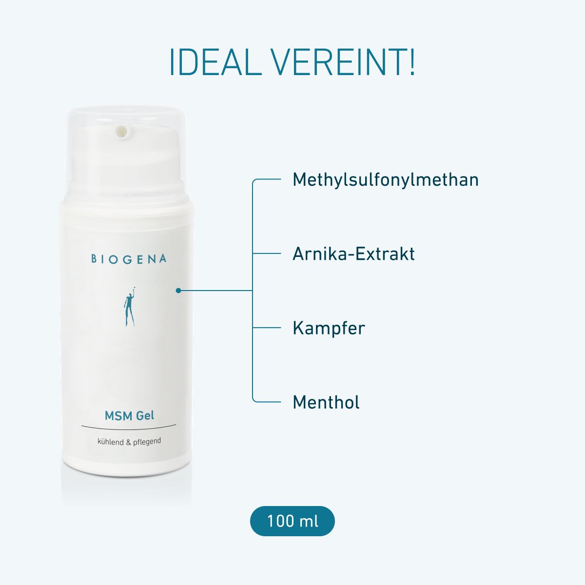 BIOGENA MSM Gel mit Methylsulfonylmethan, Arnika-Extrakt, Kampfer und Menthol. Kühlendes und pflegendes Gel in der 100-ml-Packung.