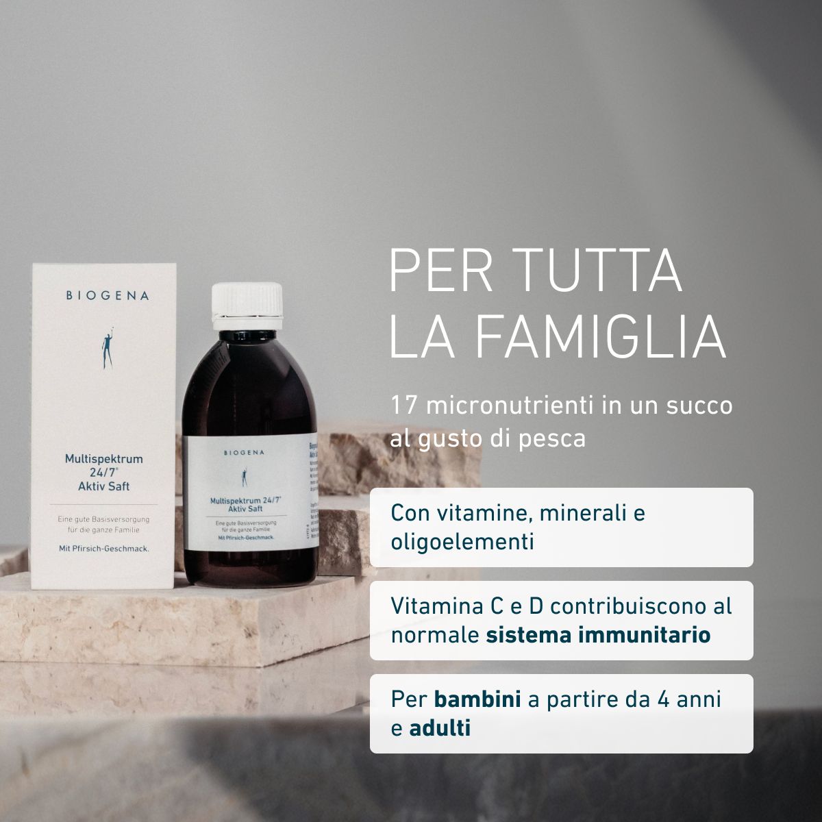 BIOGENA Multispektrum 24/7® Aktiv Saft per tutta la famiglia. 17 micronutrienti con vitamine, minerali e oligoelementi. Adatto a bambini dai 4 anni e adulti.