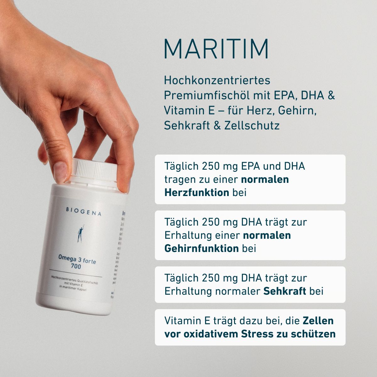 Ruka drží balenie BIOGENA Omega 3 forte 700 s vysokokoncentrovaným rybím olejom, EPA, DHA a vitamínom E. Omega-3 mastné kyseliny podporujú normálnu funkciu srdca, mozgu a zraku.