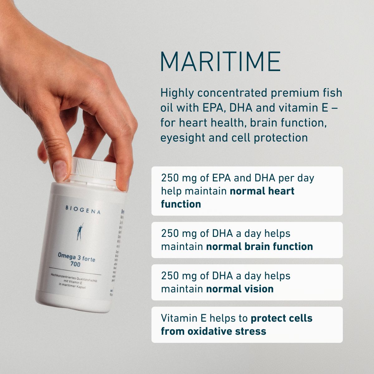 BIOGENA Omega 3 forte 700 with highly concentrated fish oil, EPA, DHA and vitamin E to support heart, brain and vision.