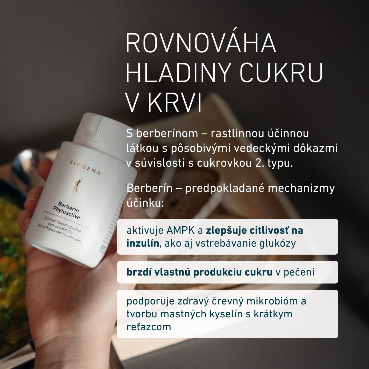 BIOGENA Berberin Phytoactive s berberínom rastlinného pôvodu. Berberín aktivuje AMPK, podporuje citlivosť na inzulín, vstrebávanie glukózy a zdravý črevný mikrobióm.