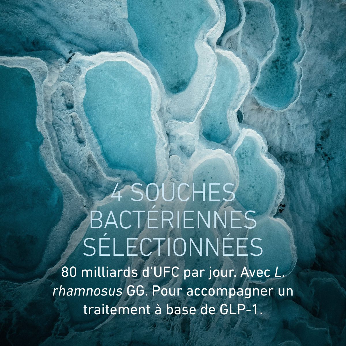 Paysage abstrait bleu présentant BIOGENA Omni Lactis® GLP-1 Companion. Quatre souches bactériennes sélectionnées, dont Lactobacillus rhamnosus GG, et 80 milliards d’UFC par jour pour accompagner un traitement à base de G