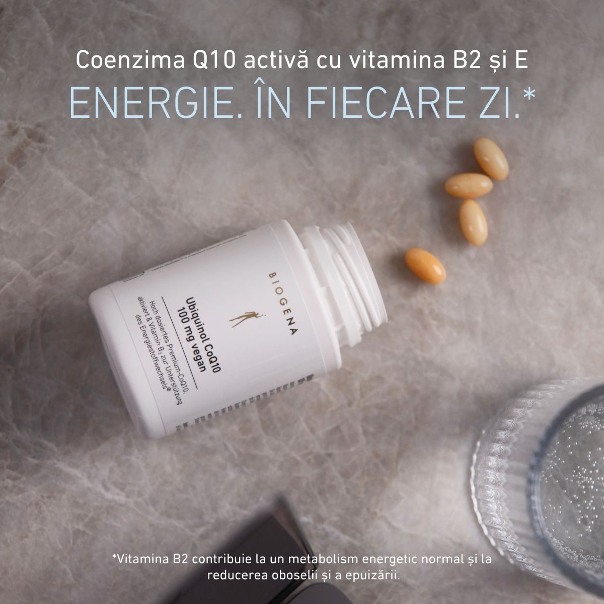 BIOGENA Ubiquinol CoQ10 100 mg vegan cu vitaminele B2 și E, care susțin metabolismul energetic normal și contribuie la reducerea oboselii.