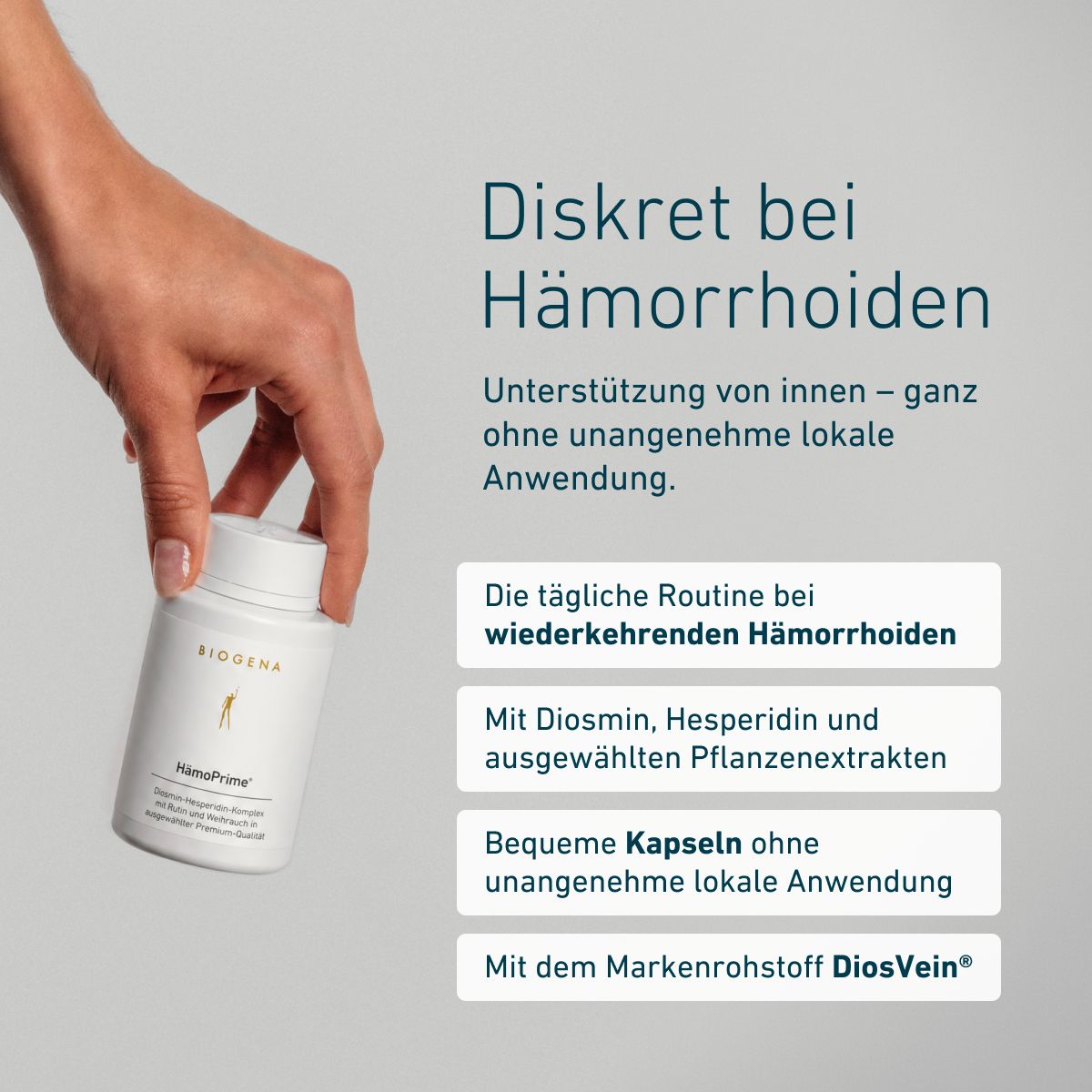 Grafika przedstawiająca różnicę BIOGENA z cechami jakości, takimi jak badane partie, produkcja w Austrii, transparentna deklaracja składników, zespół naukowy i opakowanie nadające się do recyklingu.
