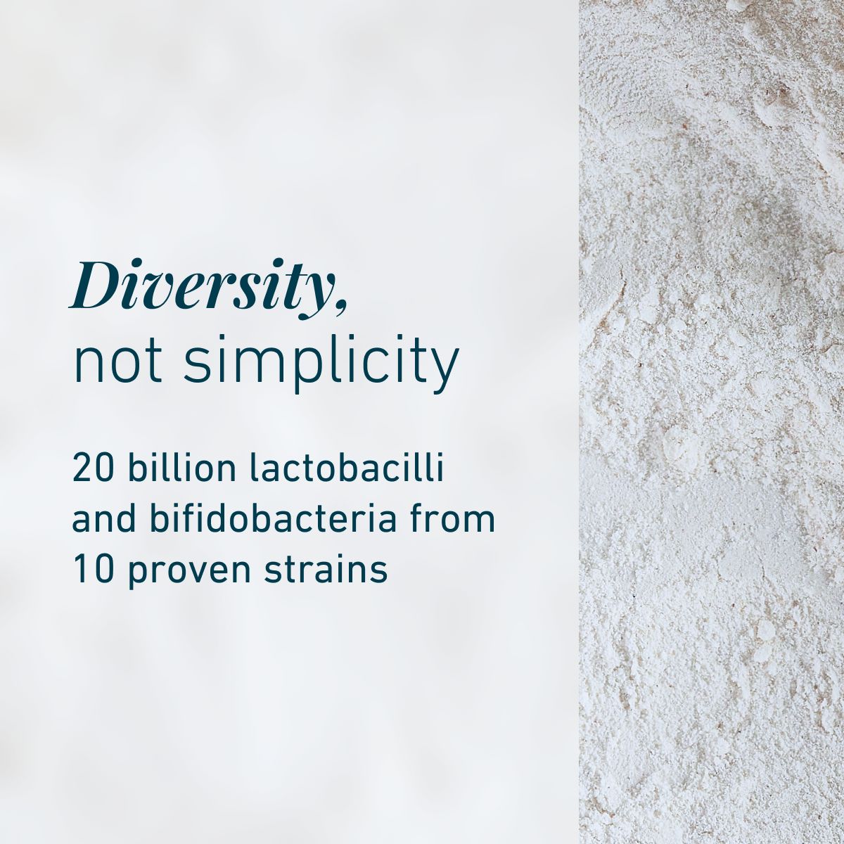 Graphic highlighting the diversity of BIOGENA Omni Lactis® 20 with 20 billion lactobacilli and bifidobacteria from 10 proven strains.