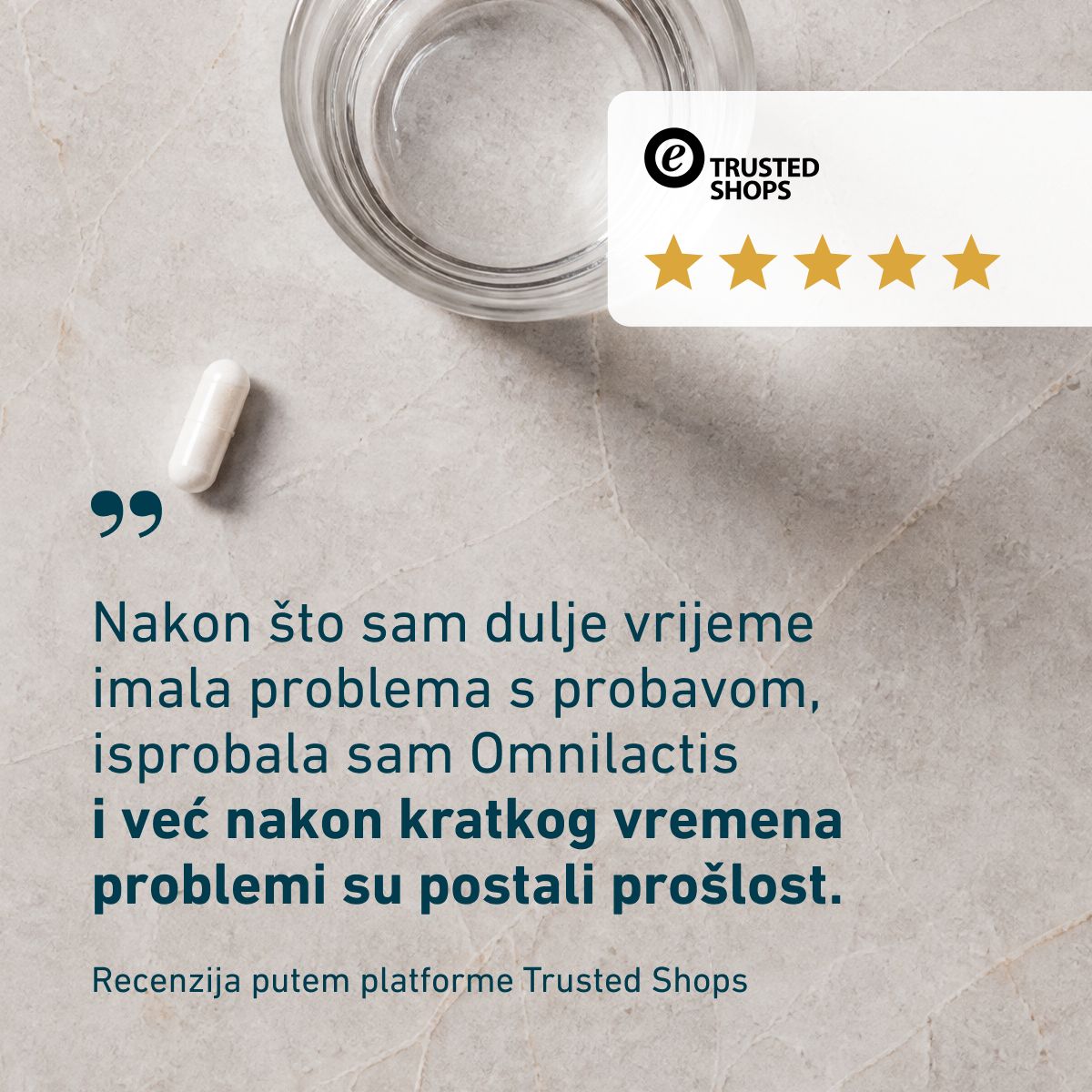 BIOGENA Omni Lactis® 20 kapsula uz recenziju s pet zvjezdica na Trusted Shopsu koja opisuje pozitivno iskustvo s proizvodom.