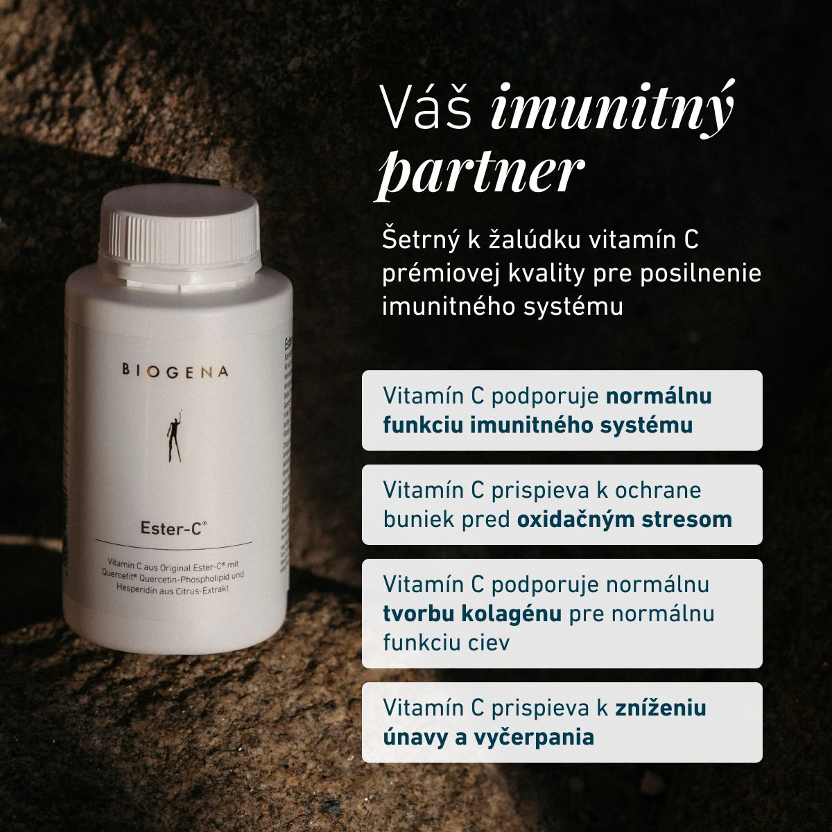 Fľaša BIOGENA Ester-C® na tmavom kamennom podklade. Vitamín C podporuje normálnu funkciu imunitného systému, pomáha chrániť bunky pred oxidačným stresom, podporuje tvorbu kolagénu a prispieva k zníženiu únavy a vyčerpani