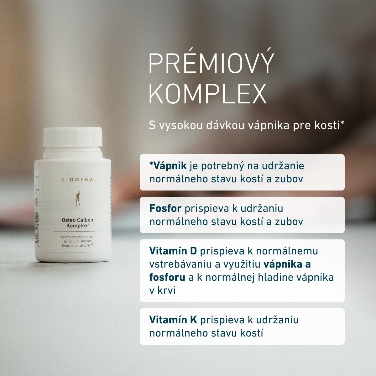 Balenie BIOGENA Osteo Calbon Komplex. Prémiový komplex s vápnikom, fosforom, vitamínmi D a K, ktoré prispievajú k udržaniu zdravých kostí a zubov.