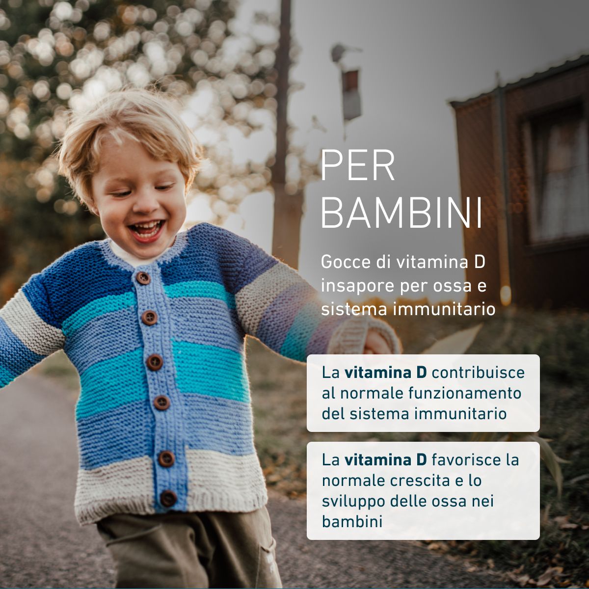 Gocce di vitamina D per bambini: la vitamina D contribuisce alla normale funzione del sistema immunitario e alla normale crescita e sviluppo delle ossa nei bambini.