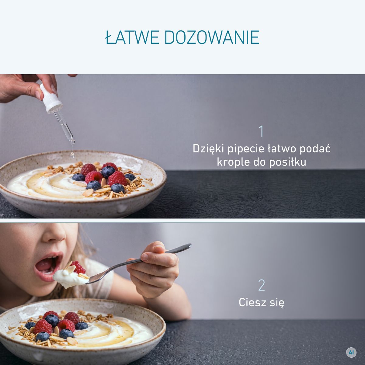 Krople witaminy D są dodawane pipetą do jogurtu z owocami i granolą, który następnie je dziecko – ilustracja prostego, codziennego dawkowania.