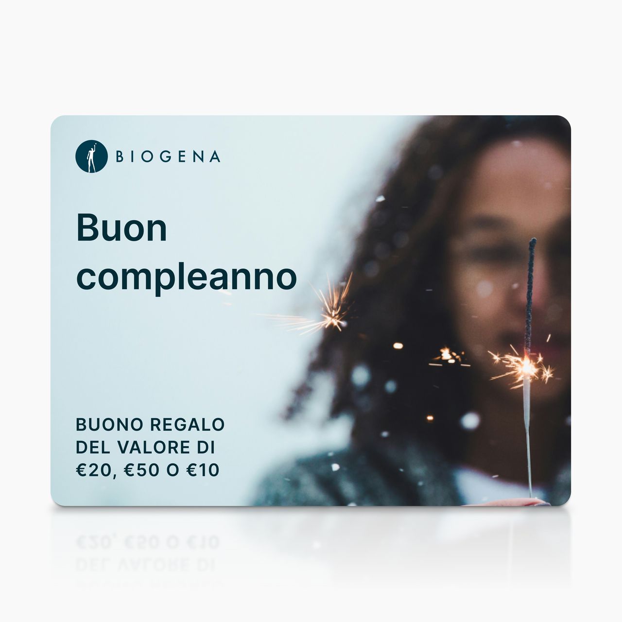 Gift card BIOGENA, testo, persona sfocata, stellina, scintille