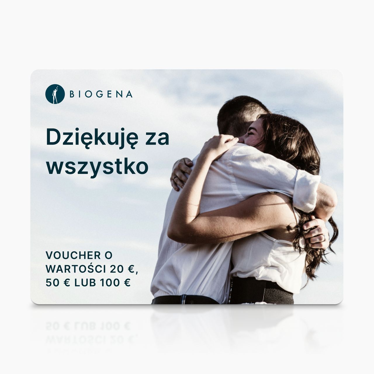 Karta podarunkowa BIOGENA, tekst Ďakujeme za všetko, obejmująca się para, niebo, odbicie