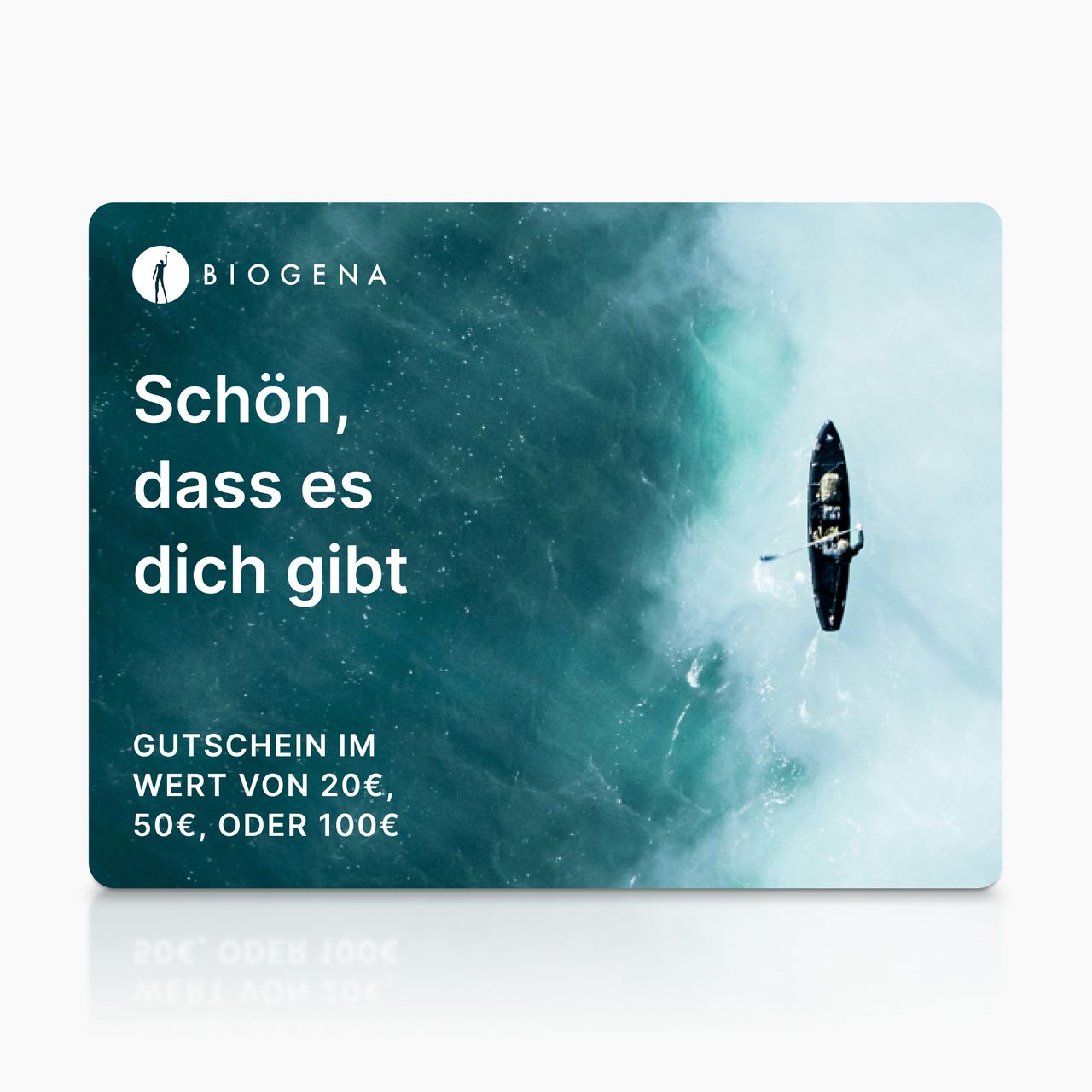 BIOGENA Gutscheinkarte, Karte, Schriftzug, Wasseroberfläche, Kajak mit Paddel